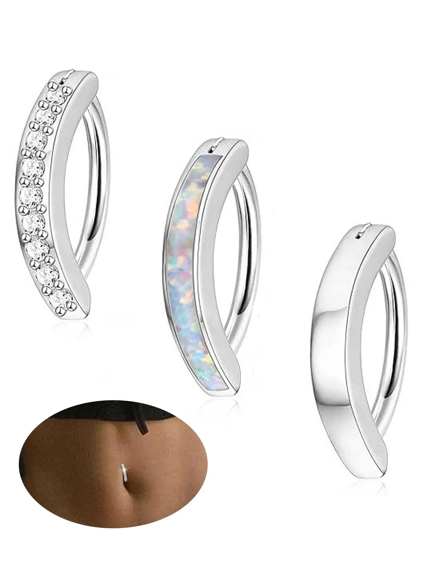 3 Pcs Women's Belly Rings, Reverse Clip Navel Rings, Stainless Steel Barbell, Elegant Rhinestone Design, All Seasons Body Jewelry
