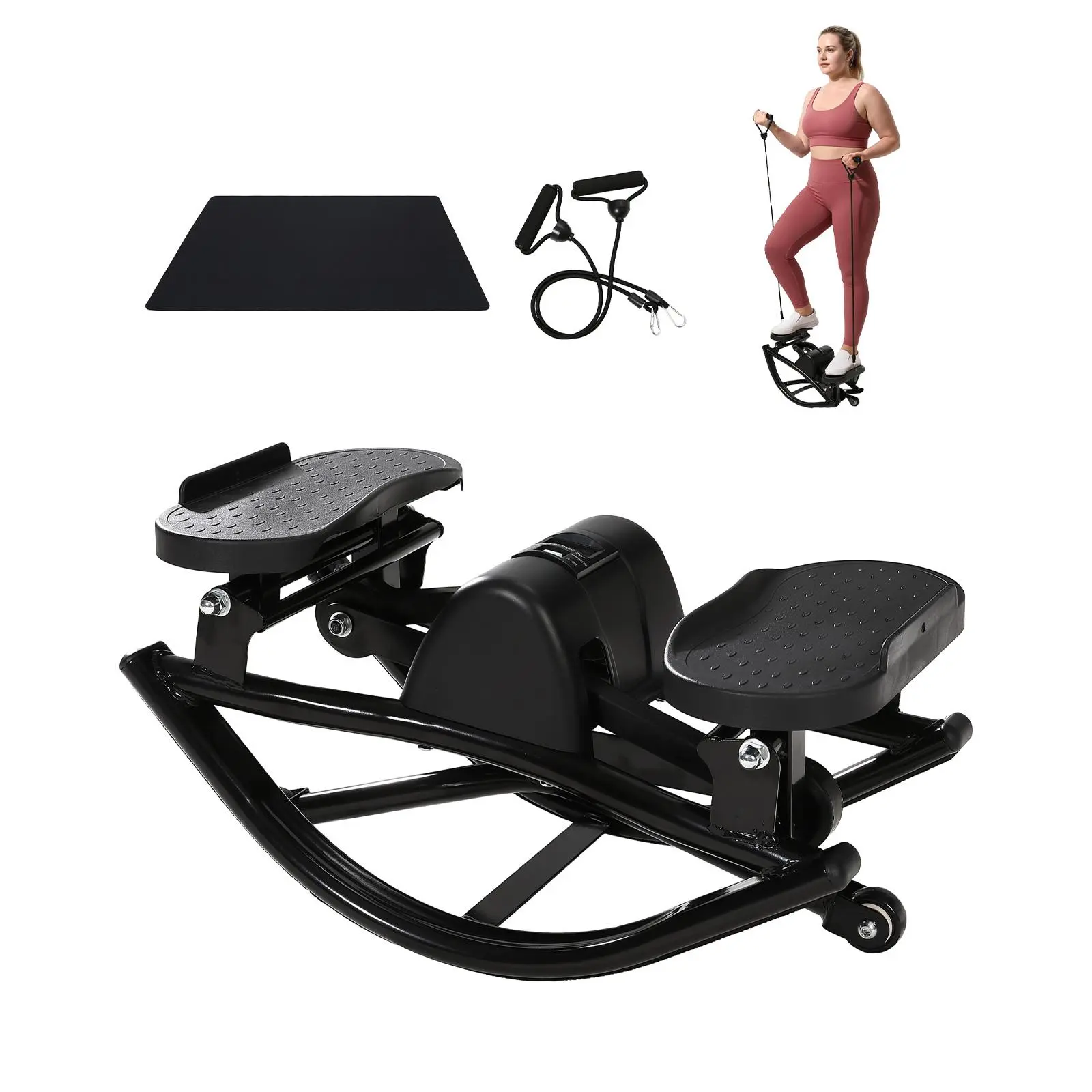 Gaomon Compact Lateral Rocking Stepper for Home Fitness, Portable Quiet Fully Assembled Machine with 330 lbs Cap., LCD Monitor, 2 Resistance Bands, Floor Mat for Legs Glutes Abs