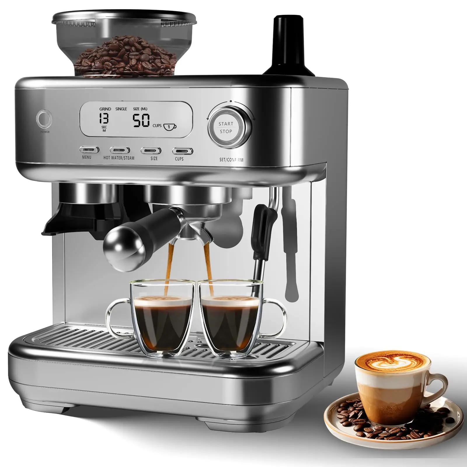 Espresso Machine with Grinder, Professional Coffee and Espresso Maker Combo, Stainless Steel Cafe Espresso Machine with Steam Wand Barista Kit for Cappuccino Latte