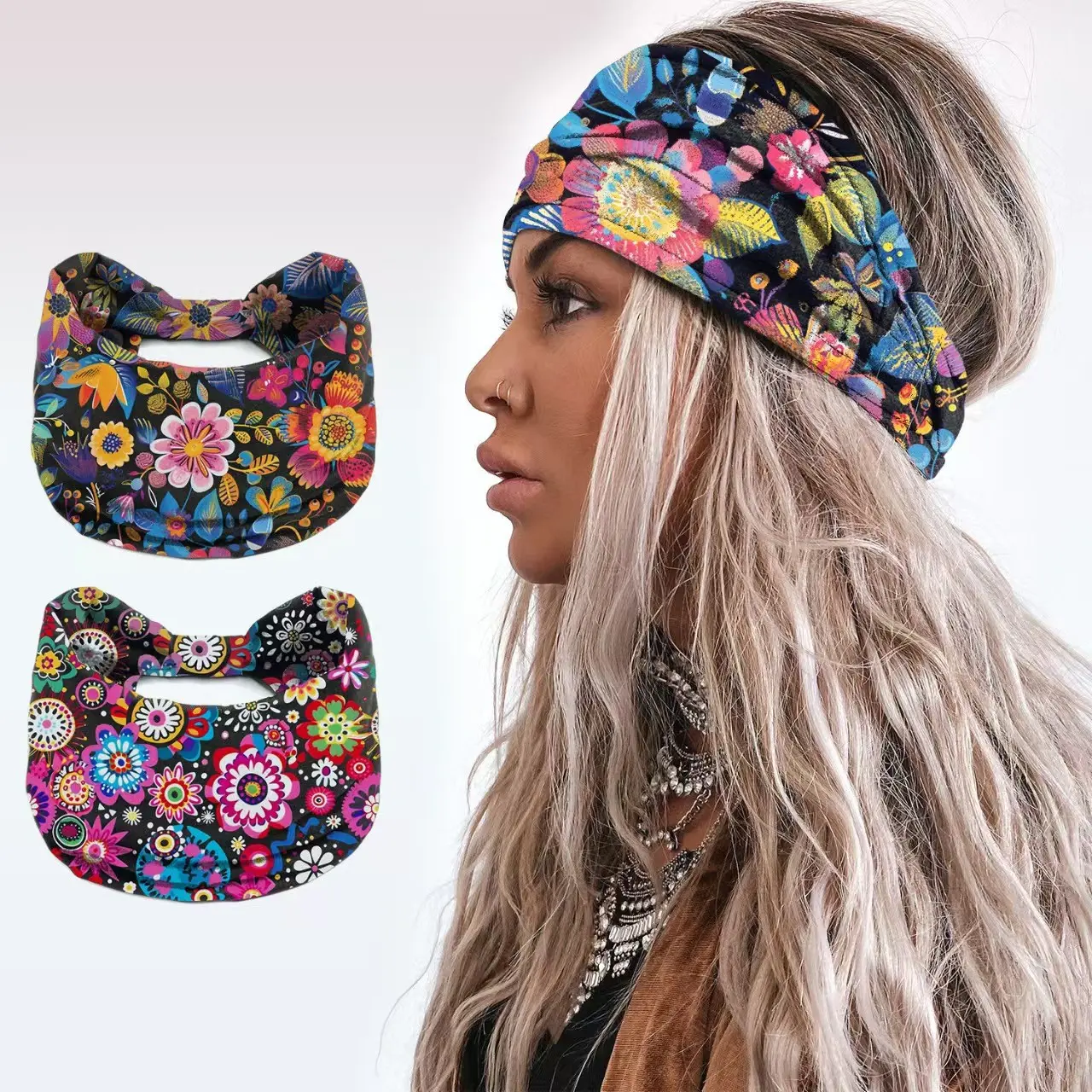 2-Pack Boho Floral Print Headbands for Women and Girls, Breathable Cotton Blend Elastic Hair Bands, Vintage Wide Knit Hair Accessories, Flower Headbands