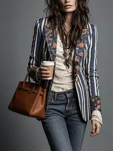A fashionable women's French retro floral lapel, waist cinching, contrasting striped suit style casual suit jacket, suitable for summer, city travel, cocktail parties, art exhibitions and viewing