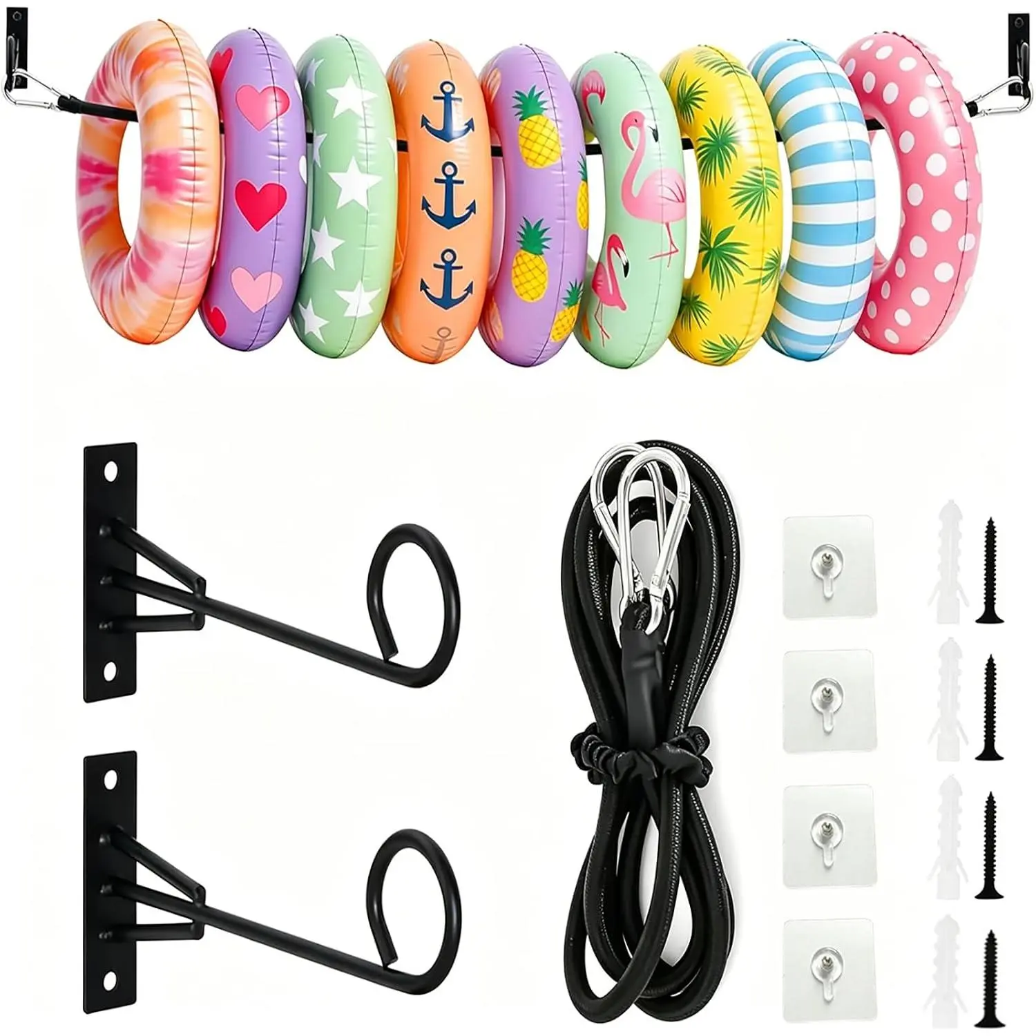 Pool Float Storage Holder Wall Mount, 75” Pool Float Organizer Rack with Hangers Rope & 4 Adhesive Hooks, Heavy Duty Pool  Storage for Floats, Swim Rings, Towels, Noodles, Outdoor Indoor