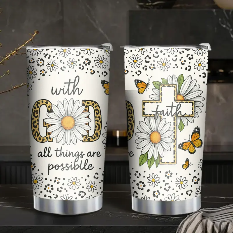 Leopard Spot Background Daisy Butterfly Faith Cross Vacuum Insulated Tumbler Cup Scripture Quote With God All Things Are Possible Leak Proof Lid Included Spiritual Encouragement Coffee Mug