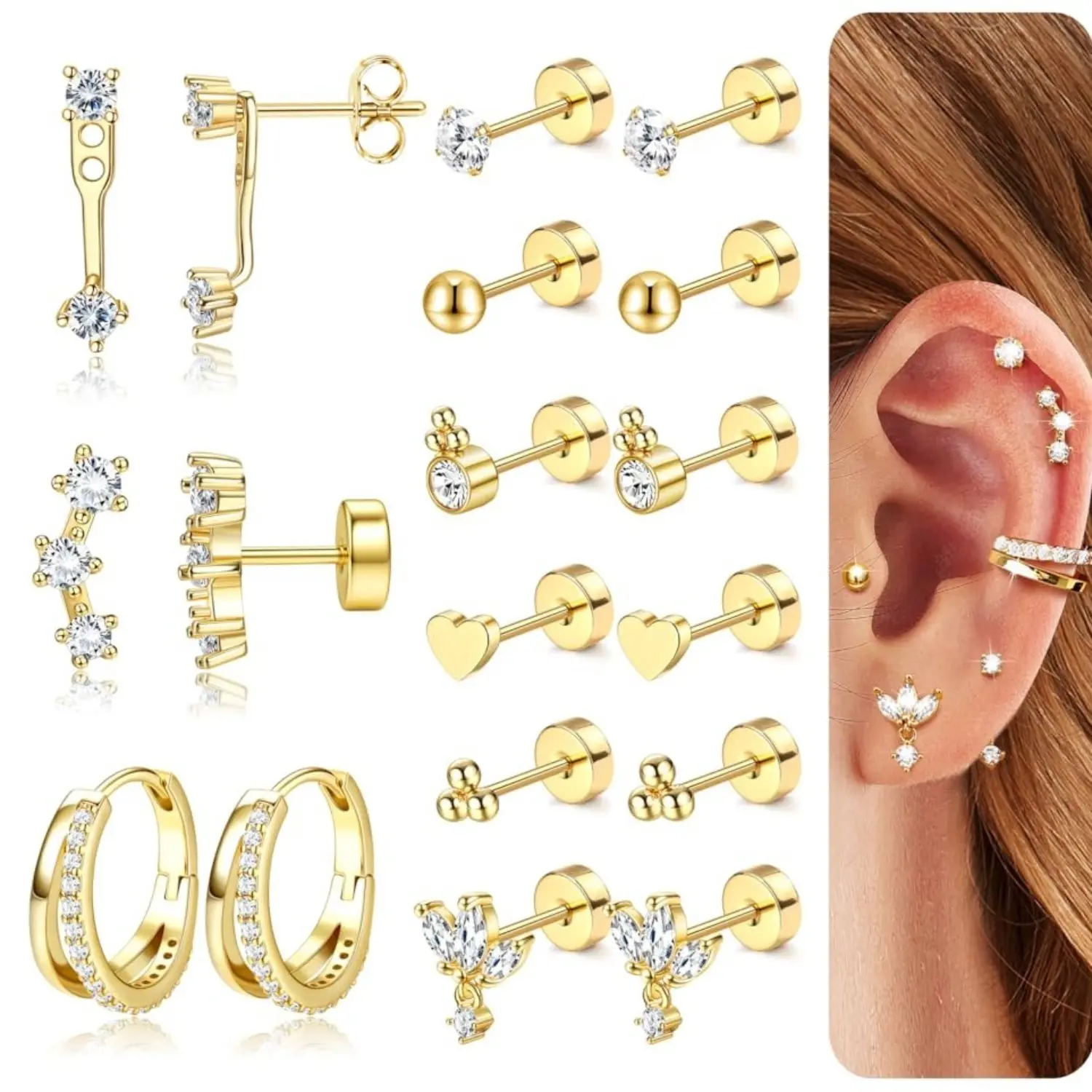 FIASASO Women's Earrings Stainless Steel Small Earrings Silver Hoop Gold Piercing Ear Cartilage Stud Earrings Hypoallergenic Set Women's Gold Earrings