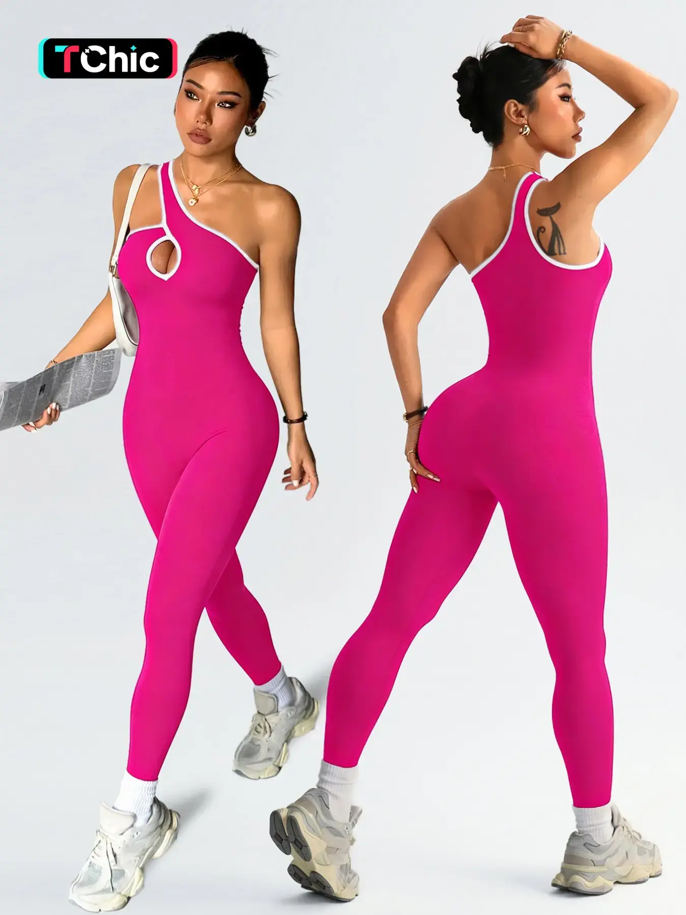 Women's Colorblock Asymmetrical Neck Hollow Out Sleeveless Spring Summer Knit Yoga Sporty Activewear Jumpsuit, Casual Fashion Sportswear