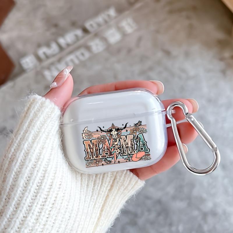 Western MAMA Pattern TPU Soft Protective Case for Apple AirPods 4/3/2/1/Pro/Pro2 Transparent Earphone Cover with Keychain Attachment