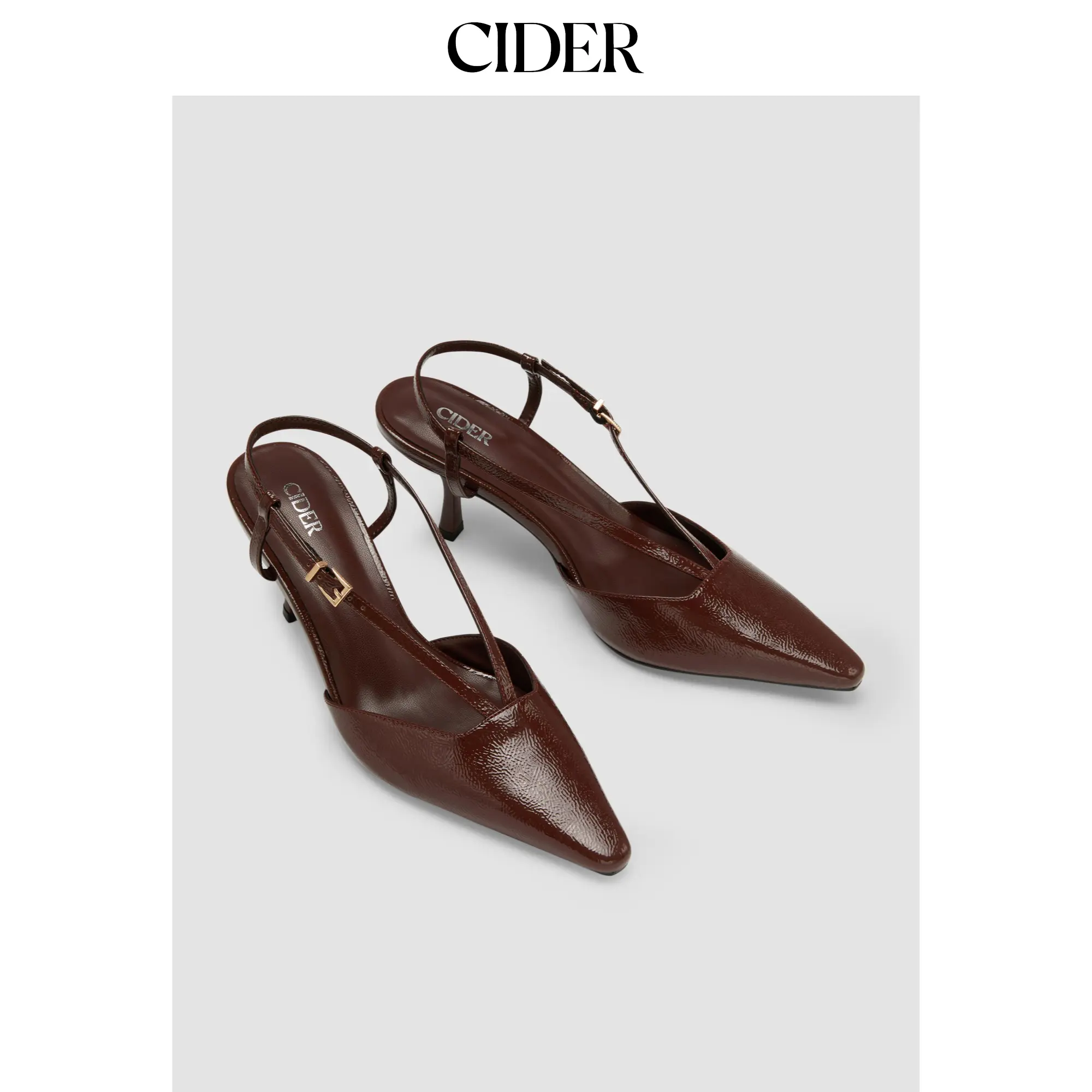 Cider POINTED TOE STRAPPY FAUX PATENT LEATHER SLINGBACK HEELS
