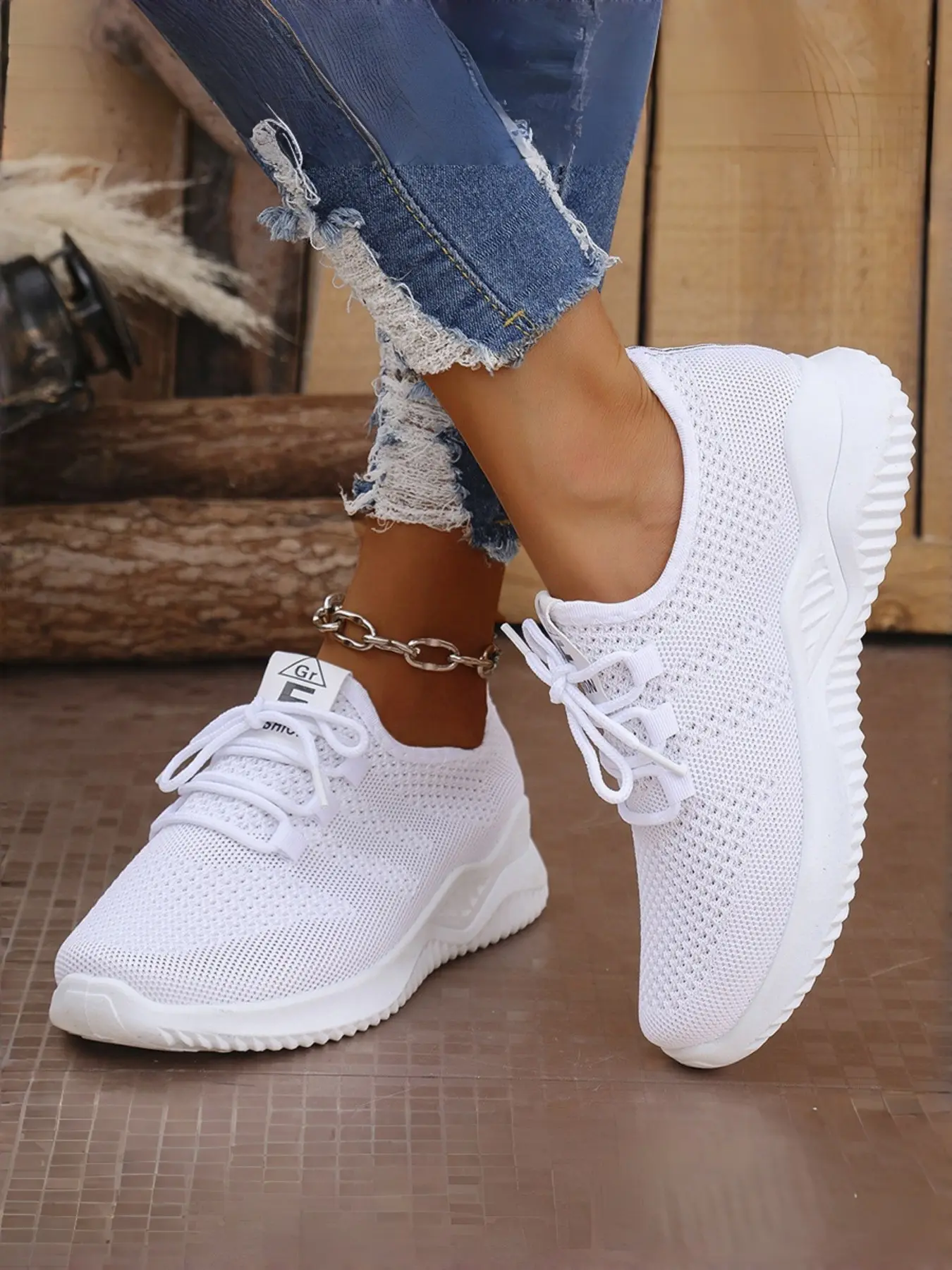 Women Low Top Casual Walking Sneakers, Stretchy Knitted Upper Lace Up Trainers With Letter Triangle Tag Detail, Multicolor Daily Fashion Sneaker Shoes, Footwear For City Walks, Shopping Trips, Office Daily Wear And Casual Street Outfit Matching