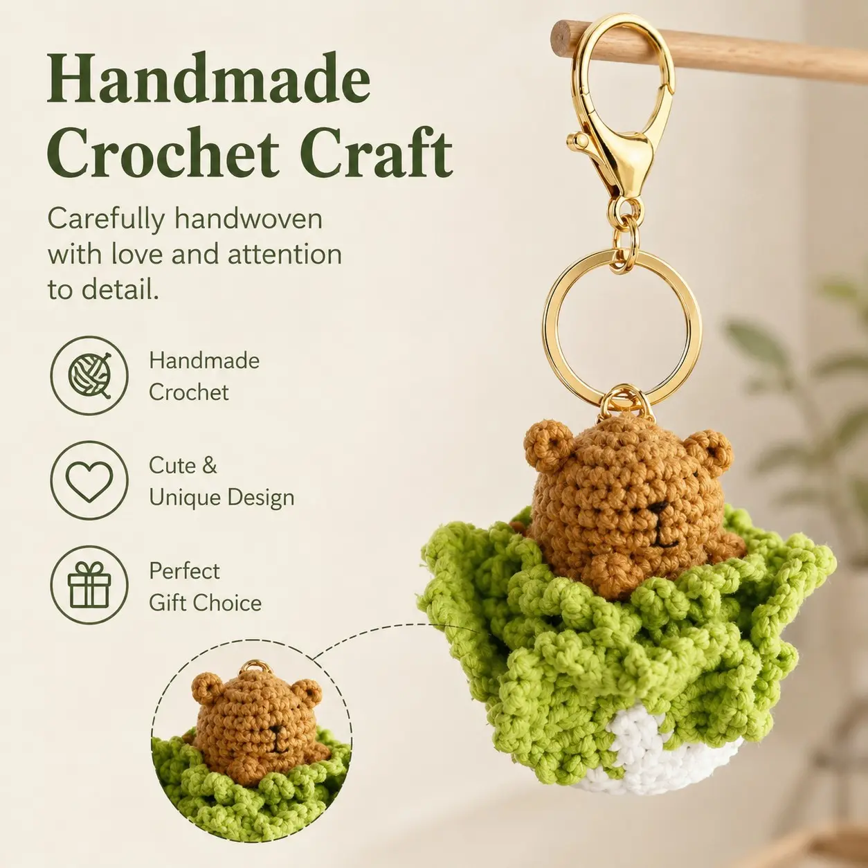 Cute Capybara Crochet Keychain, Handmade Kawaii Animal Bag Charm, Adorable Key Ring Gift for Backpack, Purse & Car Keys
