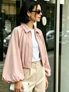 Women's Loose Lantern Sleeve Short Jacket, Matte Nude Balloon Sleeve Pilot Jacket, Casual Spring & Fall Outerwear