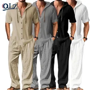 Men's 2-Piece Linen Washed Athletic Set - Stylish Plain Hooded Drawstring Sweatshirt, Loose Breathable Thin Fabric Wide-Leg Pants, Black + White Shortsleeve Casual Vacation Summer Menswear, Men's 2 Piece Sets, 2 Piece Mens