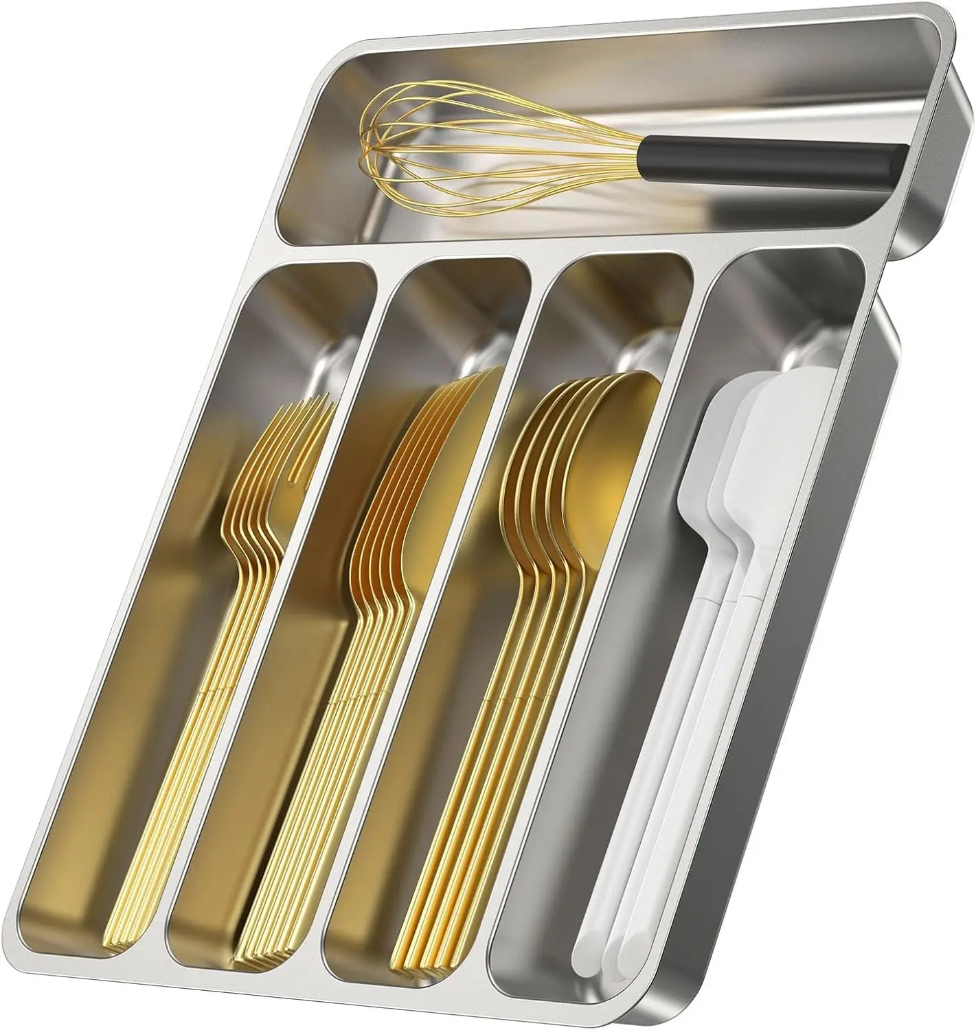 Stainless Steel Silverware Organizer for Drawer, Durable Metal Utensil Tray with 5 Compartments, Dishwasher Safe Flatware Holder for Kitchen, 13.8 x 11.4 x 1.6 Inch, Silver