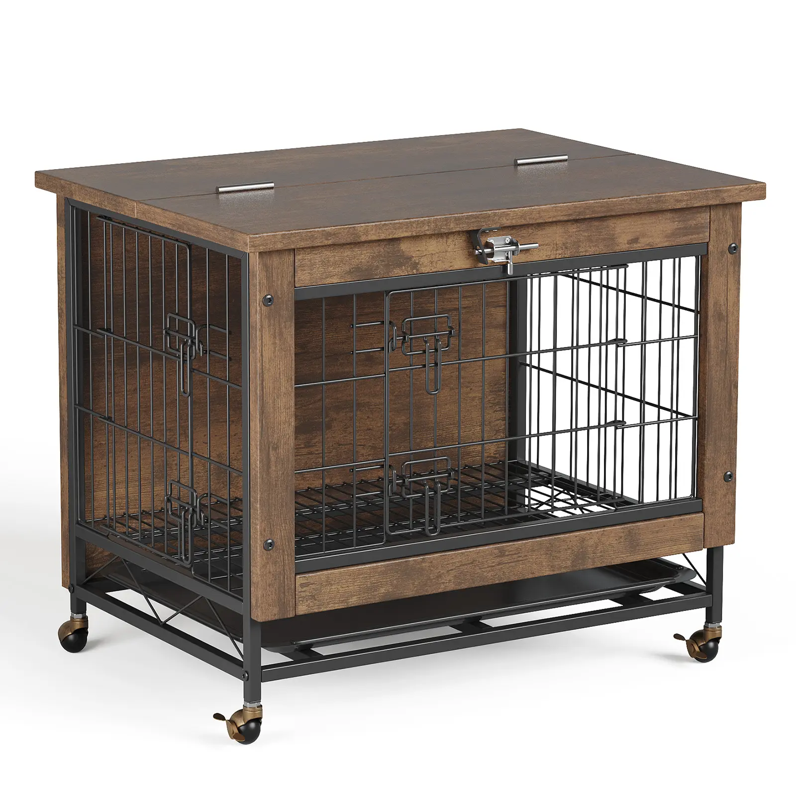 Heavy Duty Wooden Dog House Furniture – Chew-Resistant Carbon Steel Frame – Double Doors & Wheels – Removable Easy-Clean Tray – Ventilated Top-Opening Kennel End Table for Small & Medium Dogs, Rustic Brown