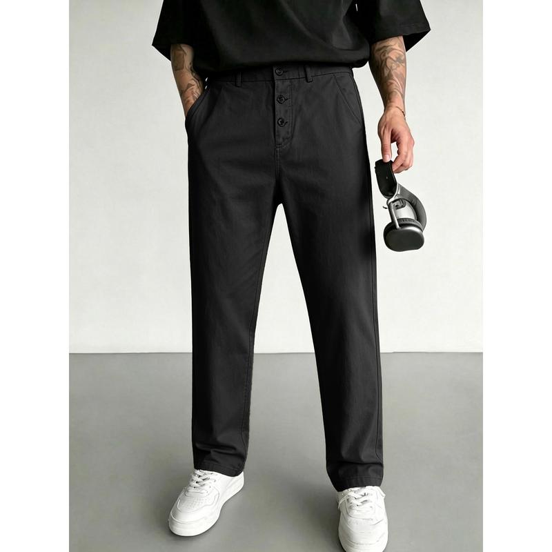 Cotton straight leg casual trousers designed with multi-button front placket, classic belt loops and side pockets, relaxed tailored silhouette, minimalist daily bottoms for refined modern mensfashion styling.