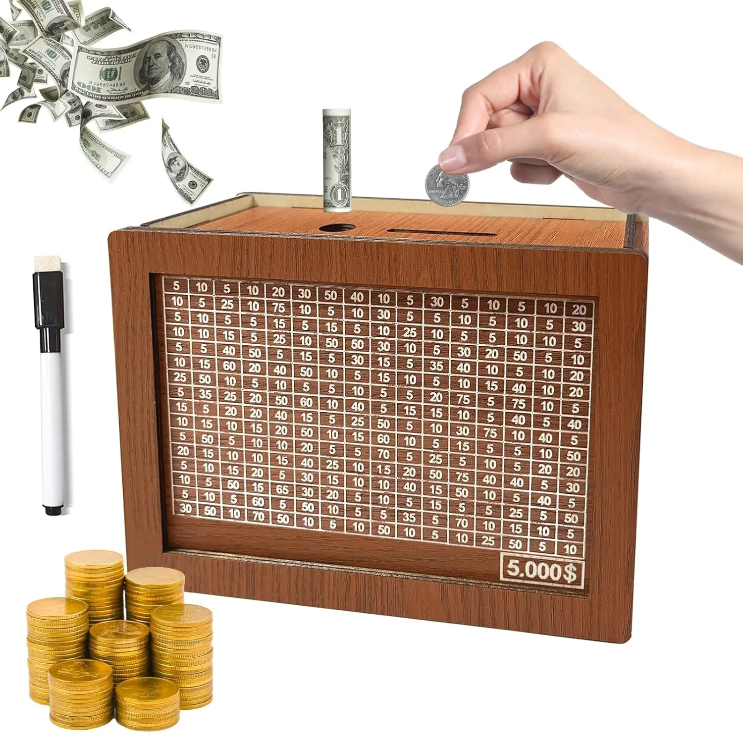 2026 Wooden Money Saving Box, Reusable Countdown & Count Savings Jar with Progress Tracker, DIY Cash Coin Storage Container, Coin Savings Bank, Saving Challenge Box for Family, Adults & Kids Financial Goals