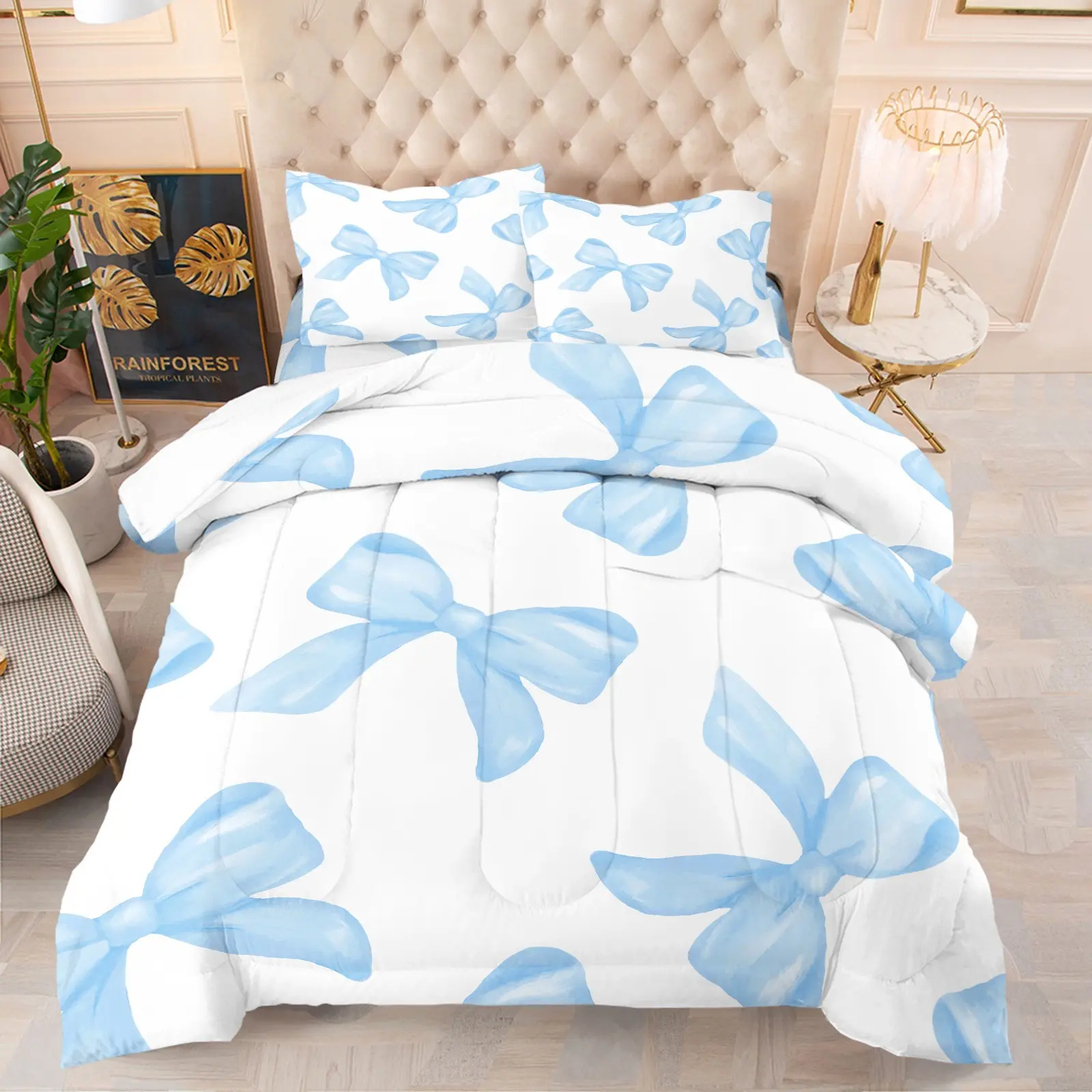 Coquette Aesthetic Watercolor Light Blue Bow Print Comforter Set, Includes 1 Comforter & 1-2 Pillowcases, Soft Pastel Bowknot Pattern Print, Gift for Kids, Teens and Adults, Sweet Decor Gift for Coquette Style Fans