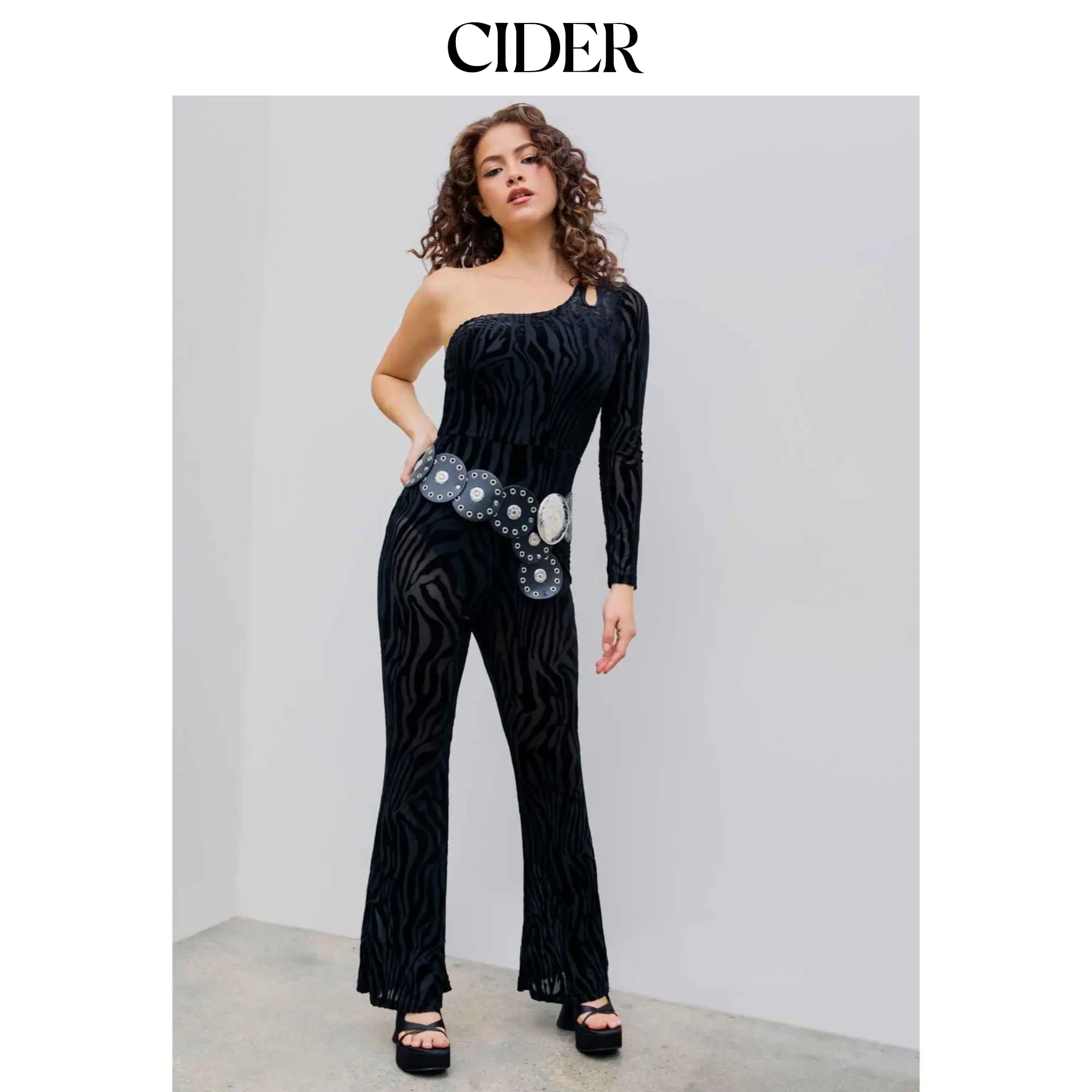Cider Women's Sexy Asymmetrical Neck See-Through Zebra Stripe Flared Jumpsuit, Women's Tops & Tanks, Sizes 2-10