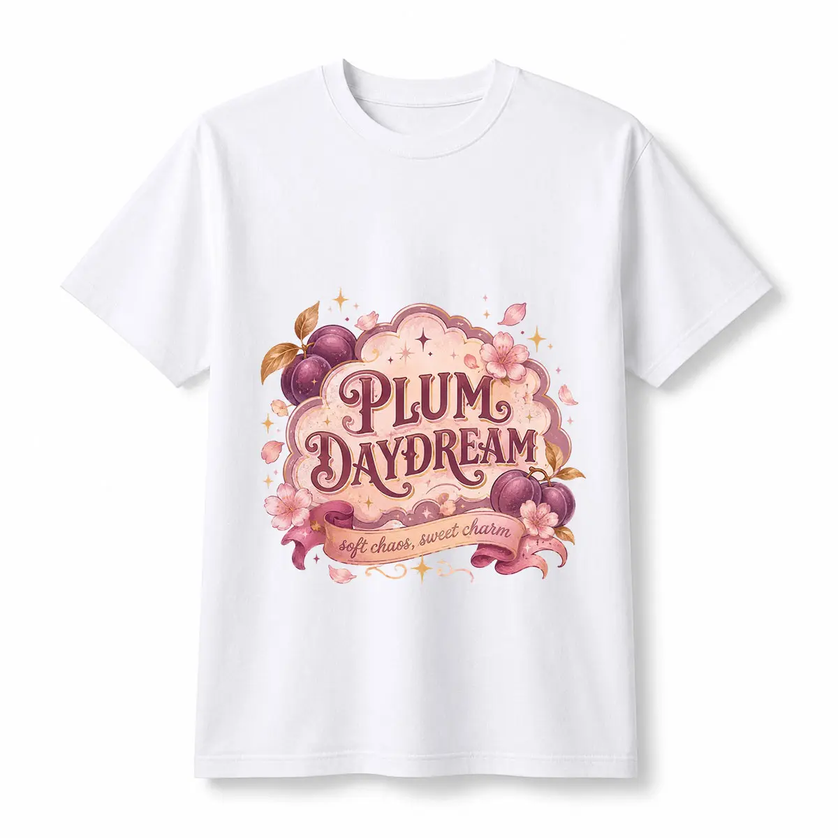 Vintage Plum Daydream Graphic T-Shirt for Women, Feminine Short Sleeve Casual Cotton Top with Floral Fruit Print, Tops, Shortsleeve, Soft, Everyday, Printed, Retro, Loose, All Season, Cold Wash, Tee, Short Sleeves, Plum Print