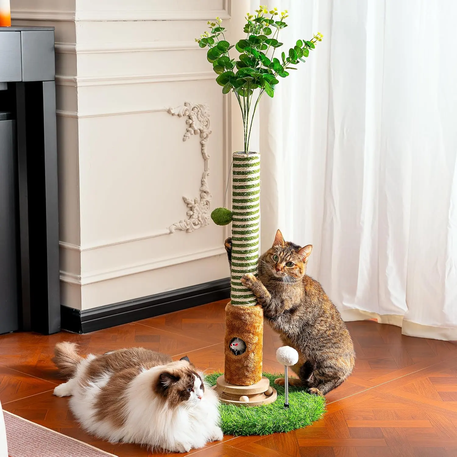 Cat Scratching Post 39'' Tall with Interactive Ball & Mouse Hole for Indoor Adult Cats, Sisal Rope Cat Tree Tower, Kitty Scratcher Furniture with Artificial Grass Tree for Kittens Cat Toys