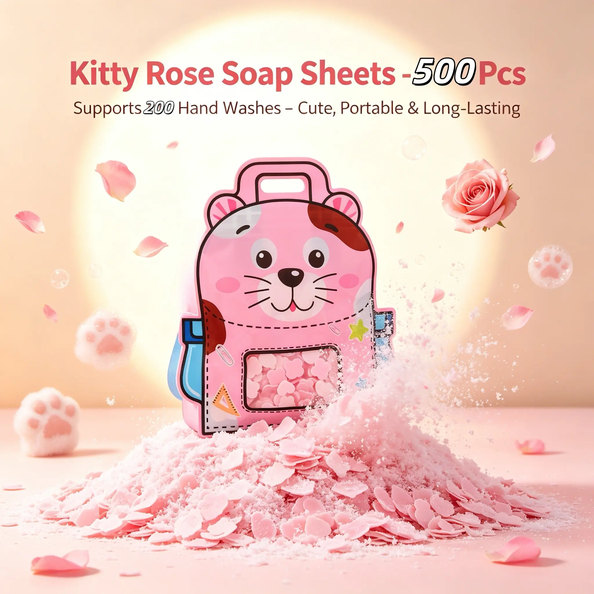 Cute Kitty Backpack Soap Sheets 500pcs, Kawaii Aesthetic Mini Travel Hand Soap, Sweet Rose Scented, Back to School Supplies, Birthday Gift