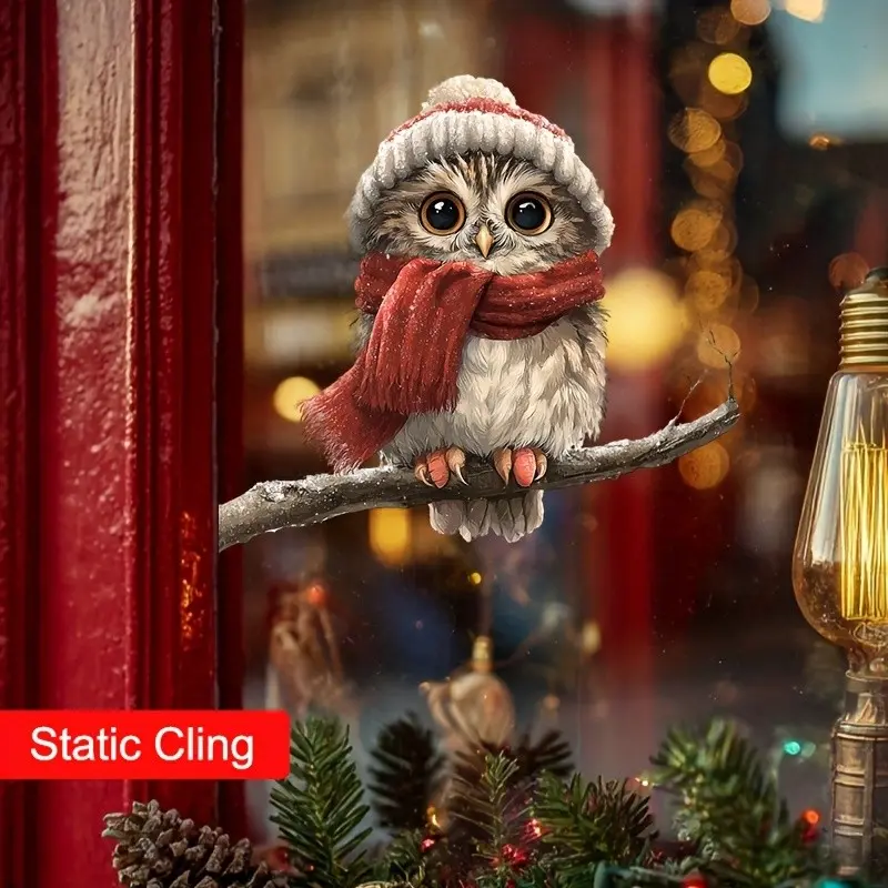 Christmas Window Decoration, High-Quality PVC Owl, Hat-Wearing Owl with Sparkly Accessories, Perfect for Holiday Season