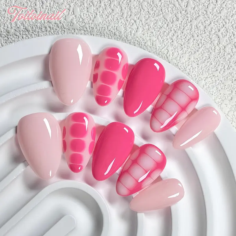 Pink Light Handmade Press-On Nails, Fake Nails | Short Almond Shape, 10pcs | Edgy Y2K Pink & White Grid Design | Color Block Checkerboard Pattern | Reusable DIY Nail Kit for Women | Trendy Nails for Spring, Summer, Daily Wear | Edgy Y2K Look