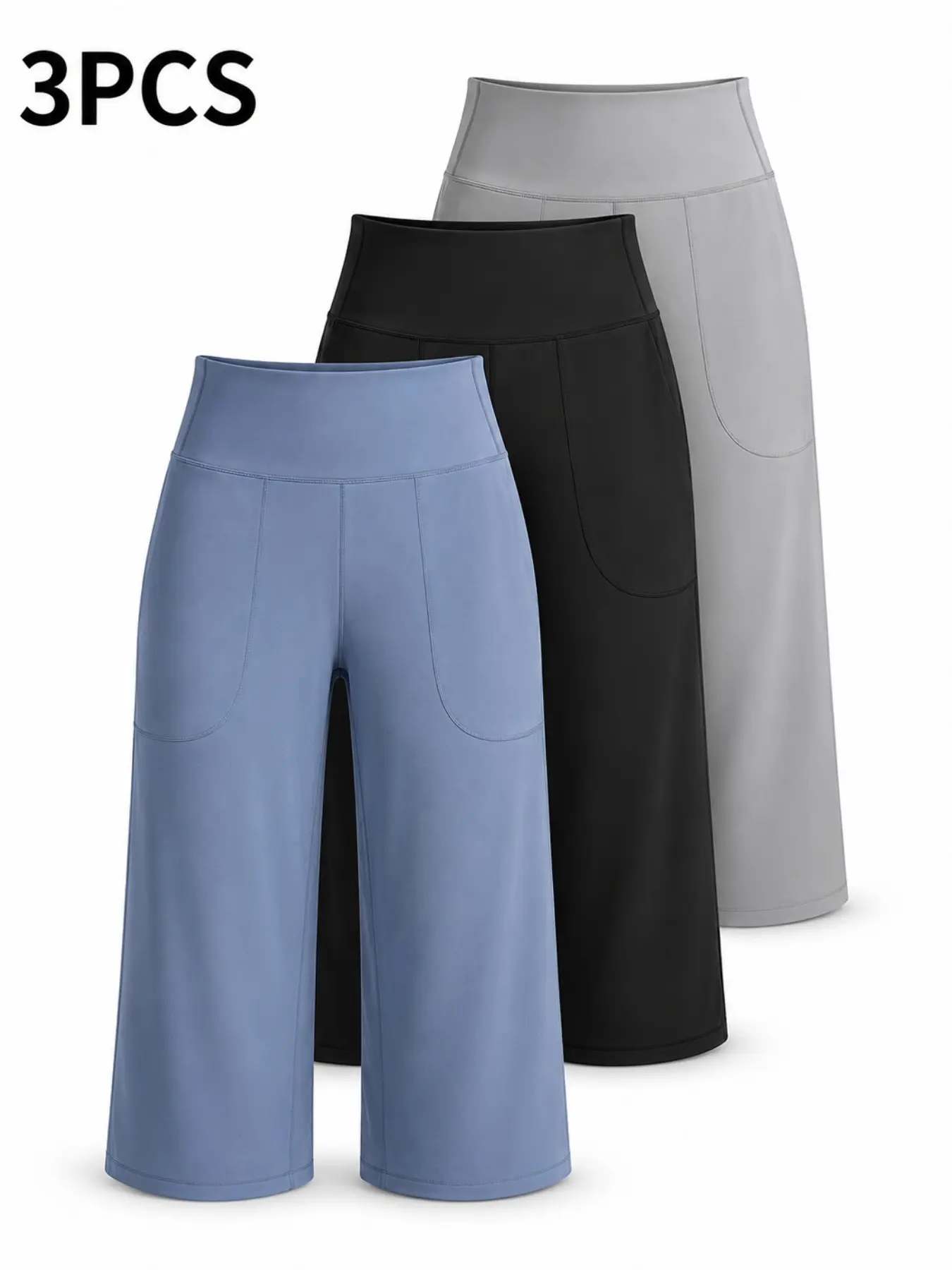3-Pack Solid High-Waisted Pocket Yoga Pants, Wide Leg Seven-Eighths, Loose Fit Slimming, Ideal for Light Exercise, Daily Commute, Home Wear