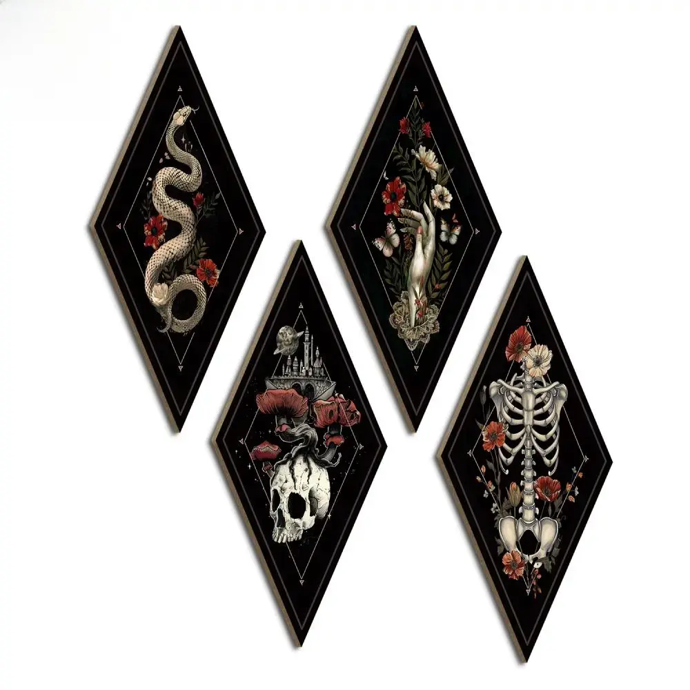 Snake & Hand & Skeleton & Skull Pattern Wooden Hanging Sign, 4 Counts/set Wall Art Decoration, Tombstone Wall Art, Wall Decor for Home Interior Farmhouse Living Room Bedroom Studio, Halloween, Home Decor Products, Artwork