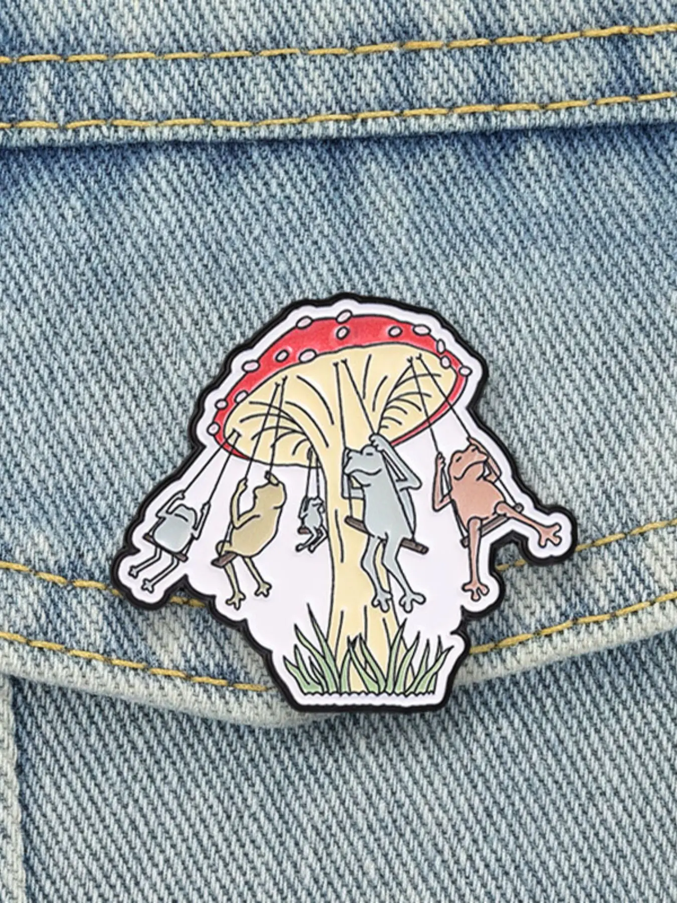 Cute Frogs Swinging Under Mushroom Enamel Pin, Funny Frog Brooch, Nature Aesthetic Gift, Unique Fashion Accessory, Perfect for Gifts