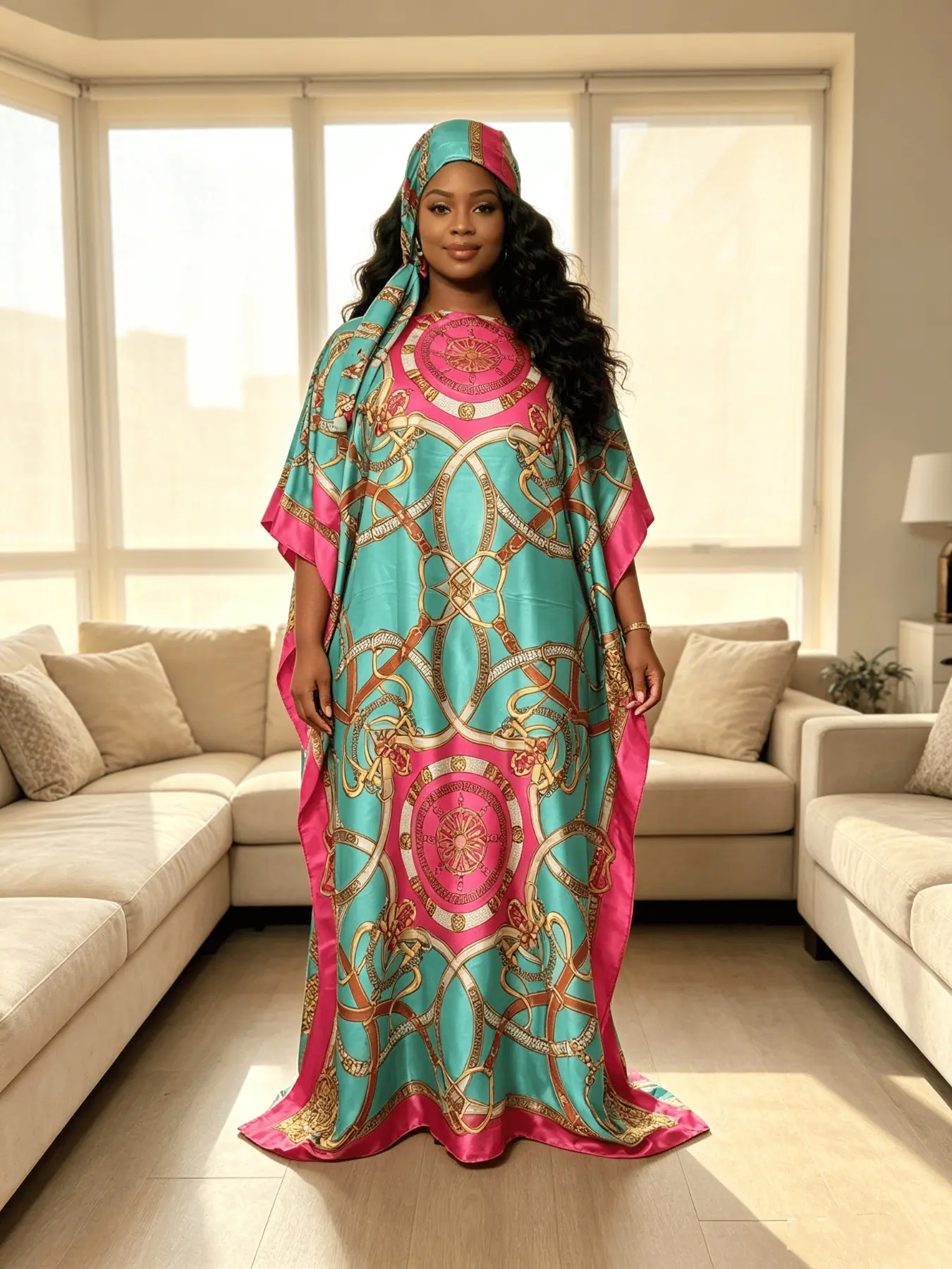Plus Size Turquoise Pink Golden Chain Compass Medallion Print Satin Long Kaftan Dress With Matching Headscarf, Silky Oversized Batwing Sleeve Maxi Abaya, Modest Boho Resort Loungewear Robe Vacation Outfit For Curvy Dark Skin Women, Modesty Wear