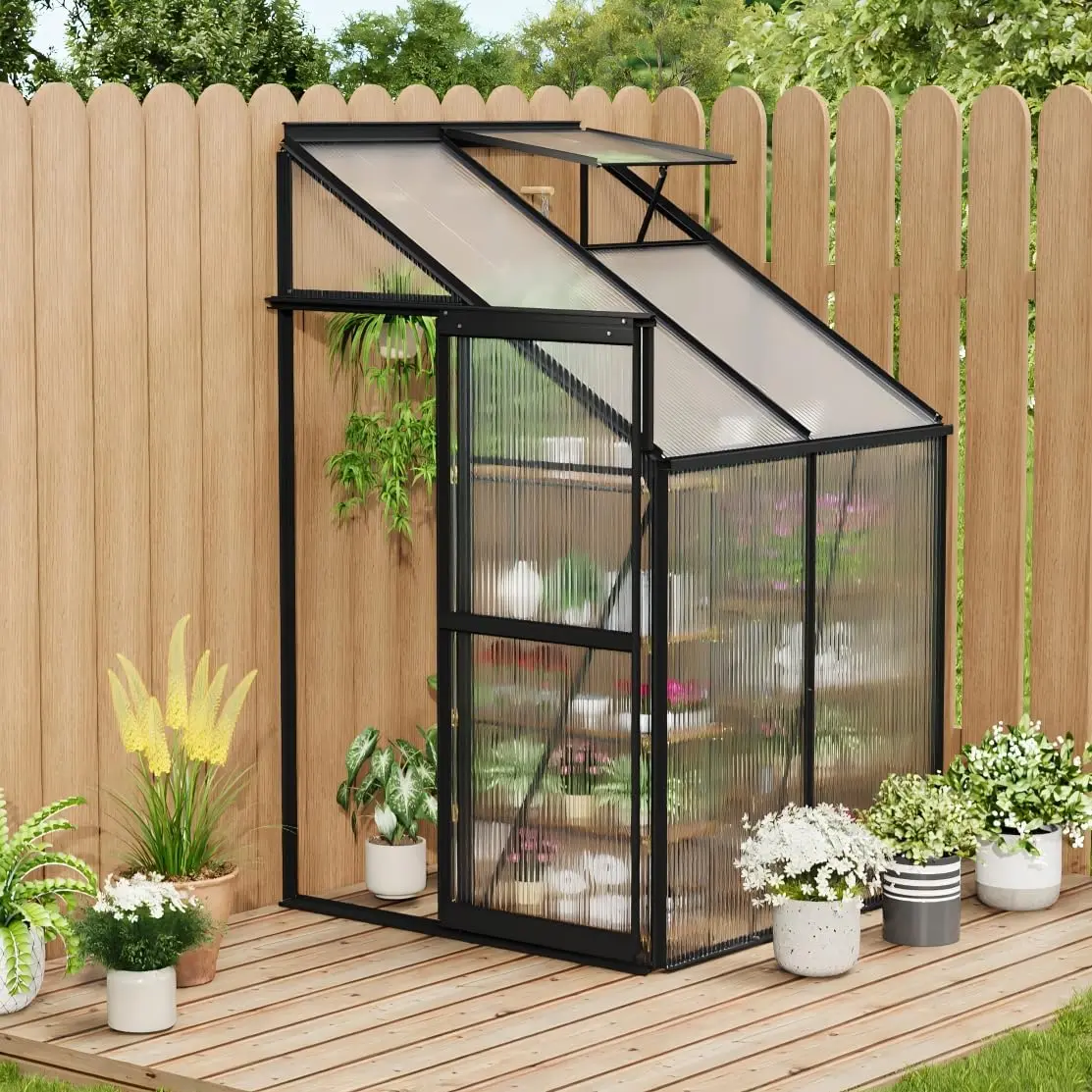 Compact 4x4FT Lean-to Polycarbonate Greenhouse – Small Walk-In Outdoor Greenhouse Kit with Adjustable Vent Window, Sliding Door, Sturdy Aluminum-Steel Frame for Patio, Backyard, Garden, Winter Use