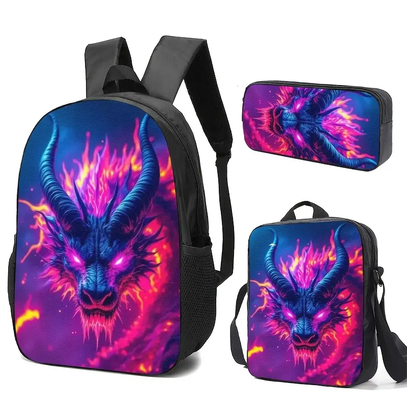 Men's 3-Piece Neon Horned Dragon Travel Backpack Gamer Set - Adjustable School Bookbag with Purple-Blue Glow, Mesh Pockets, Matching Lunch Bag & Pencil Case for Boys' Gifts