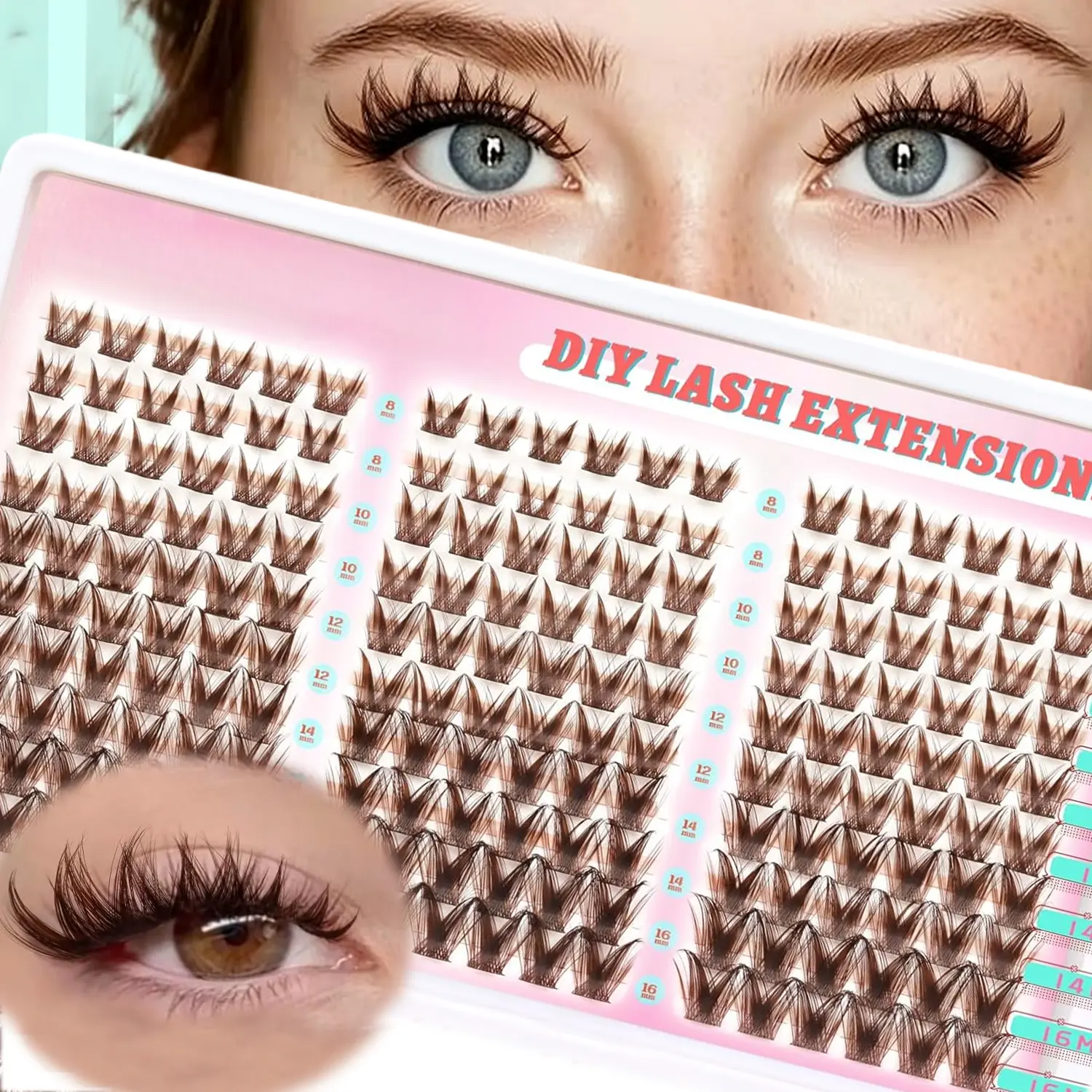 180Pcs C Curl Manga Bunny Wispy Lash Clusters, Spark Brown Spiky Anime Individual Eyelash Extensions, 8-16mm Upper Lashes with 8mm Matching Bottom Lashes, Natural DIY Fake Eyelashes