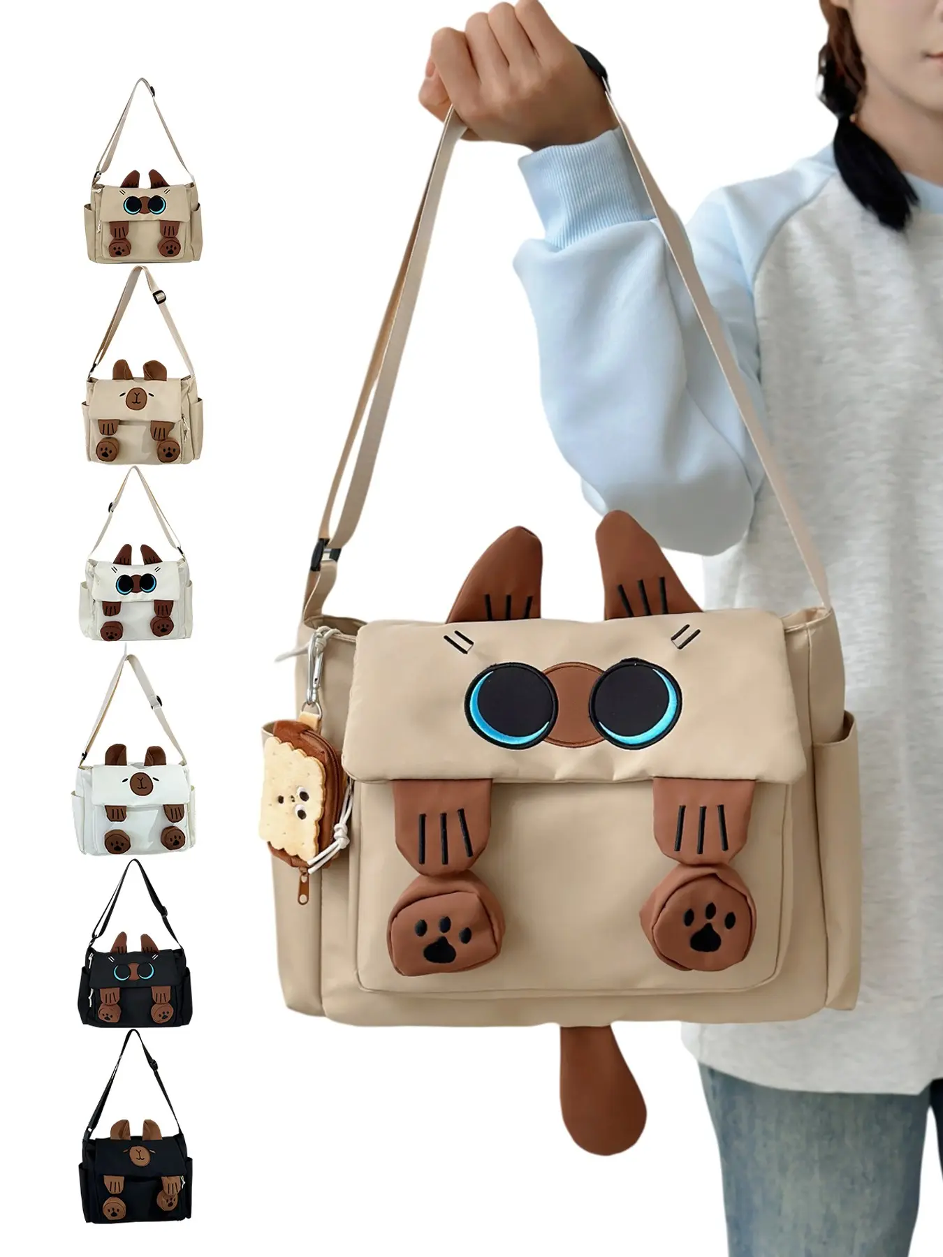 【Black Friday】Large Capacity Nylon Crossbody Bag, Creative Cat Design Shoulder Bag, Adjustable Strap, Cookie Charm, Ideal for Travel, Work, School, Gifts, Daily Crossbody
