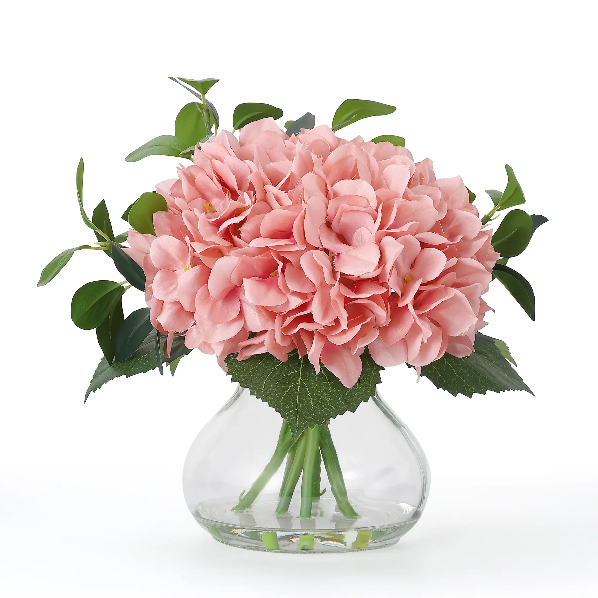 Realistic Silk Hydrangea Artificial Flowers in Glass Vase with Faux Water – Elegant Home Decor Centerpiece