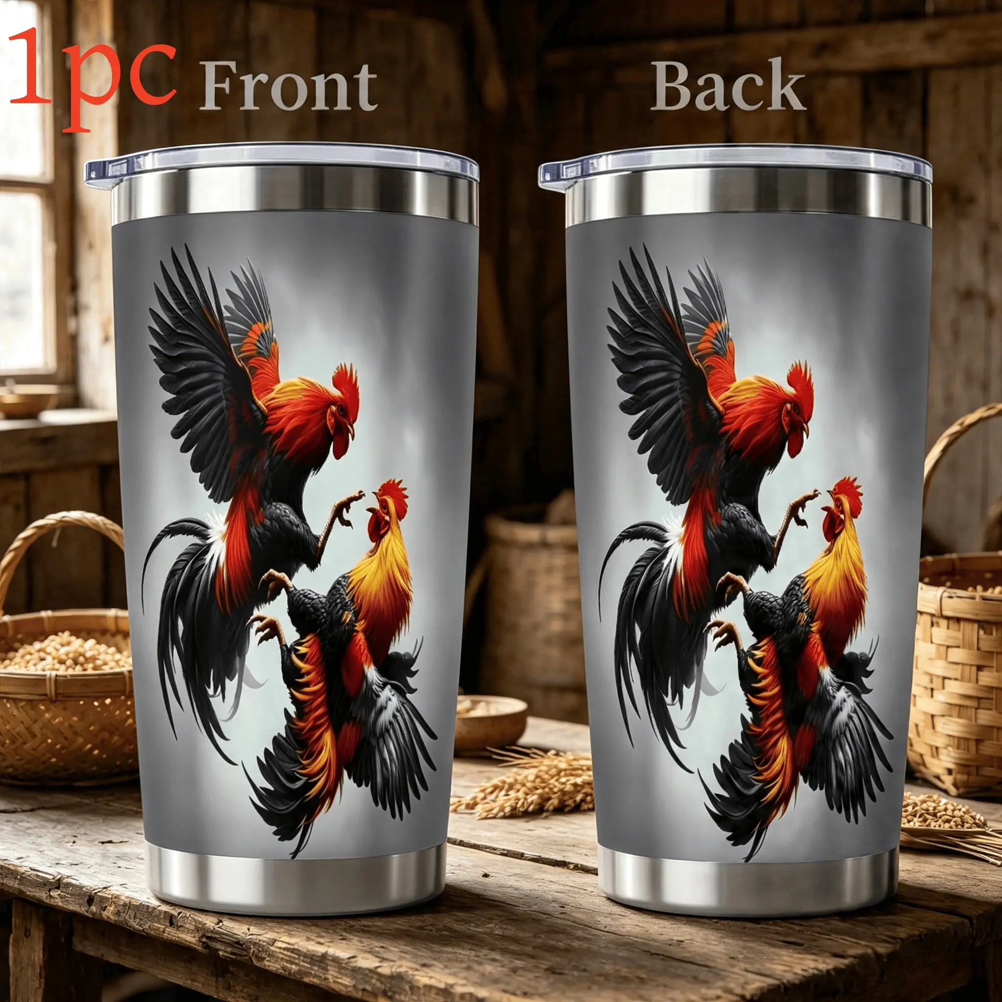 1pc 18/20oz Dynamic Rooster Art Travel Mug (with lid), double-layer insulated travel cup, stainless steel drinking ware, suitable for gift-giving for both men and women, Flip Lid Insulated Travel Coffee Cup Western Farm Gift For Rooster Lover Men