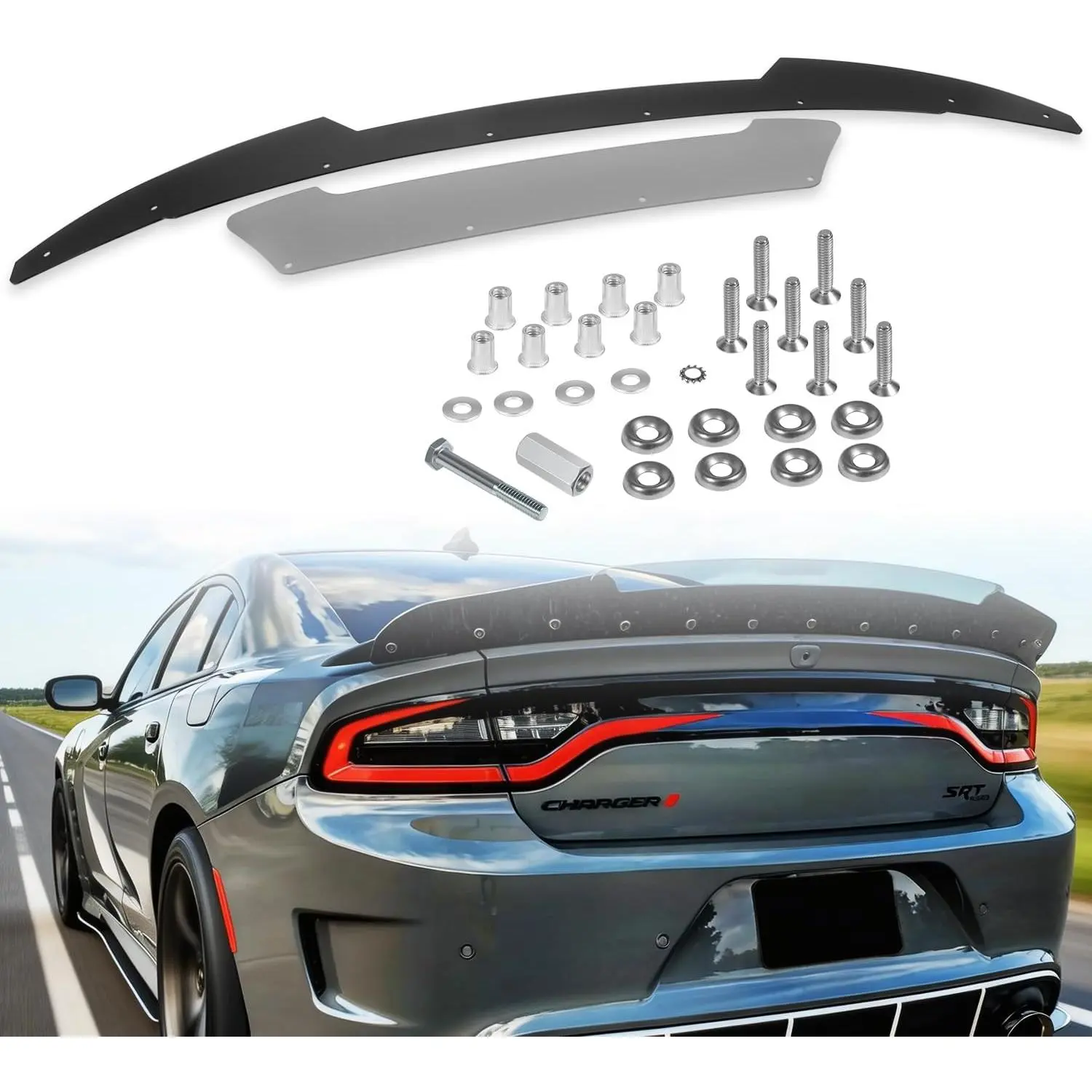 Venom V2 Rear Wickerbill Spoiler, 2-Pieces Add-On for Dodge Charger 2015-2024 SRT ScatPack Hellcat, Gloss Black with RivNut Tool, Two-Pieces