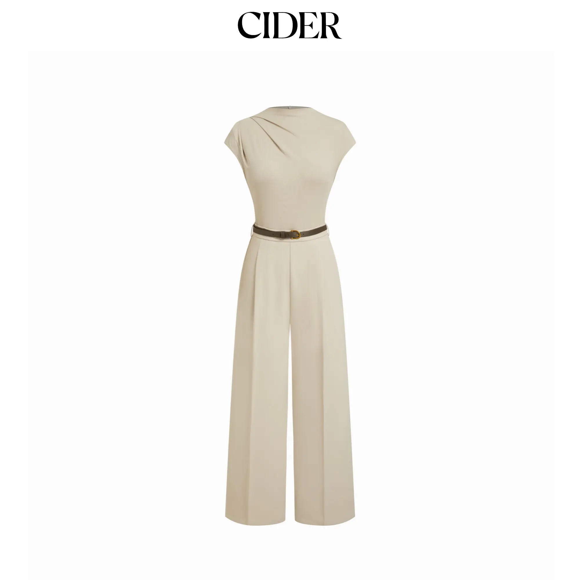 Cider High Neck Draped Mid Rise Wide Leg Jumpsuit With Belt