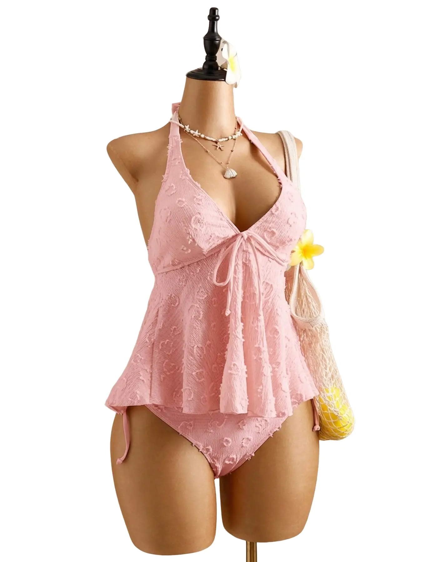 2026 Summer Women's Solid Color Halter Bikini Set, Detachable Two-Piece Swimsuit Beachwear for Beach Vacation, Boho Style Fitted Suit, Beach Fashion Swimsuit