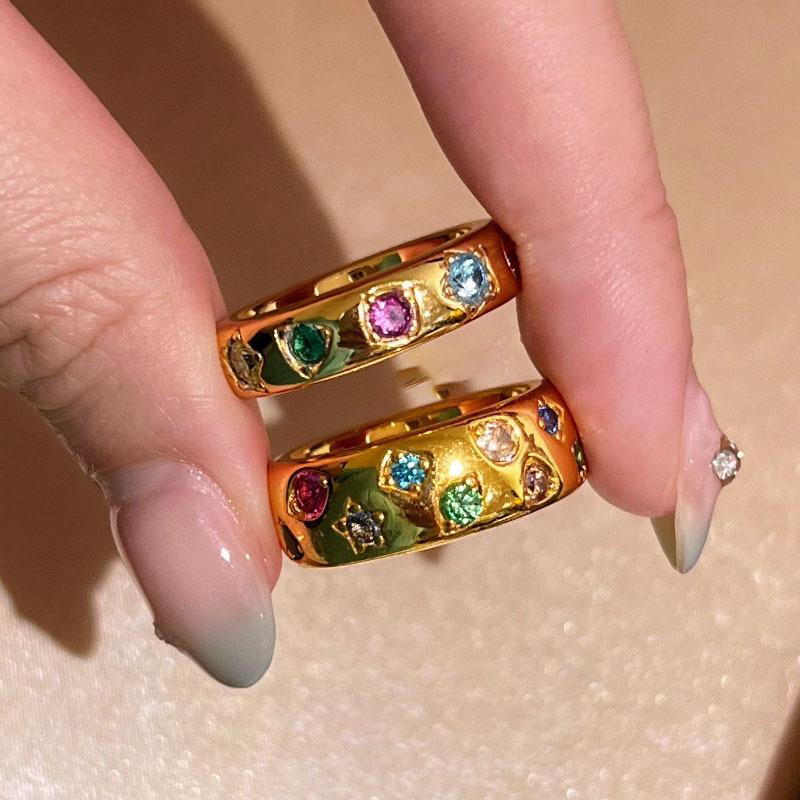 Fashionable and trendy light luxury high-end wide and narrow inlaid colorful sparkling diamond rings with unique design, suitable for stacking, personalized and stylish ring gift