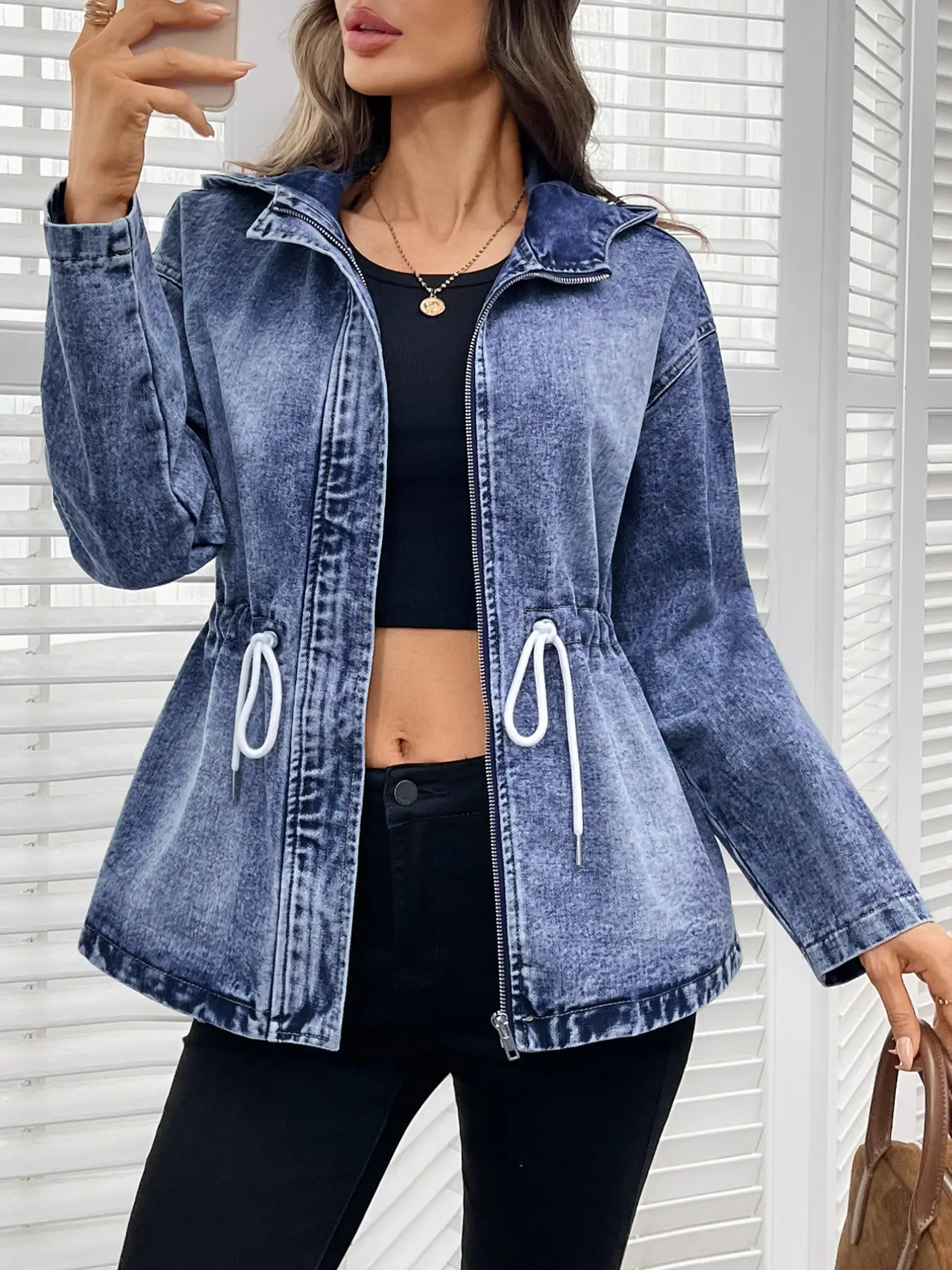 Plus Size Women's Stand Collar Zipper Denim Jacket, Waist Drawstring Slim Fit Long Sleeve Loose Stone Washed Jeans Coat, Spring Fall Casual Outerwear