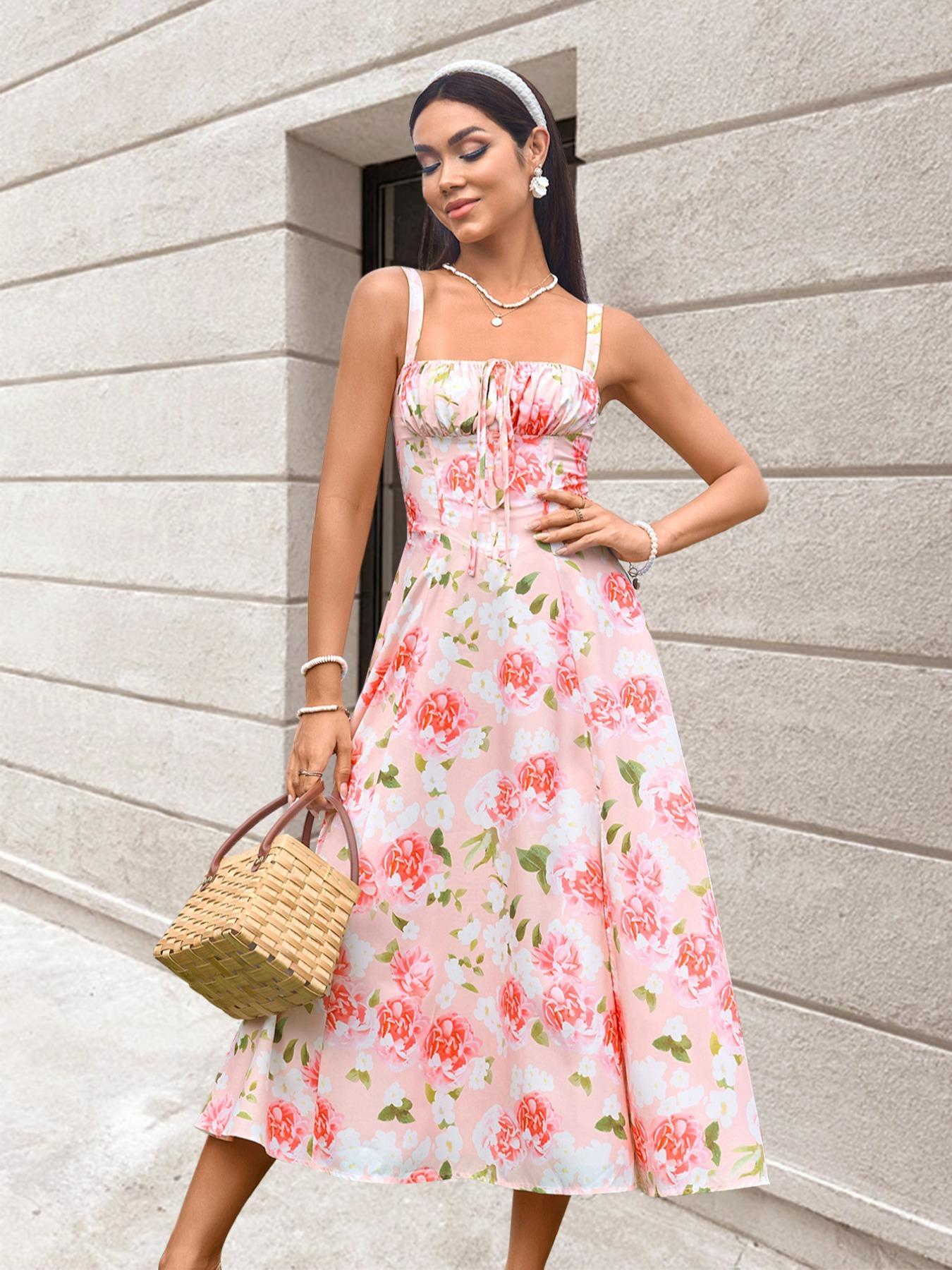 Women's Plain ＆ Floral Print Cami Dress, Elegant Sleeveless A Line Slit Dress for Party Holiday Wedding Guest, Ladies Summer Clothes, Dresses for Summer, Womenswear