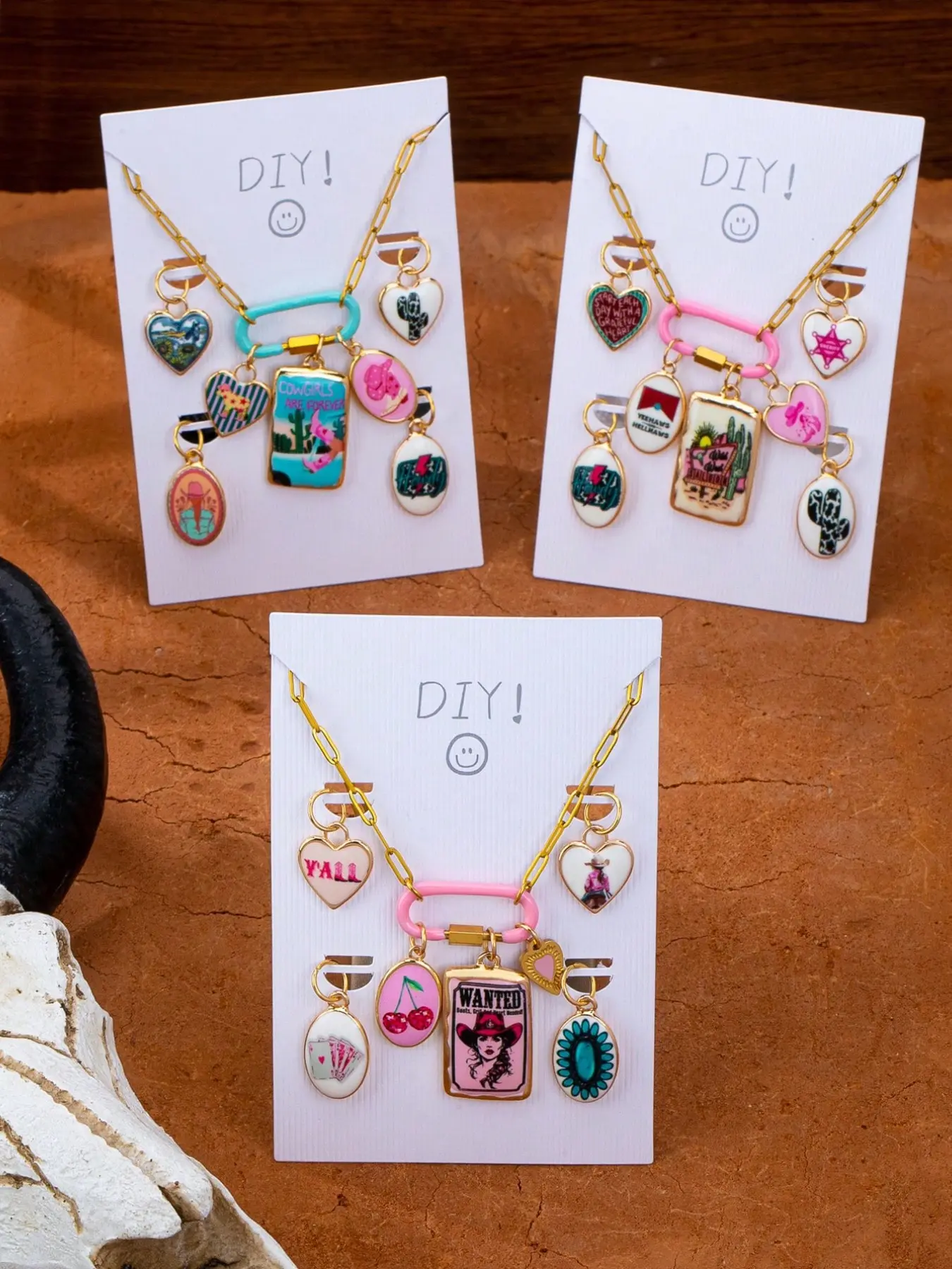 Cute Western Cowboy Style Pendant Necklace Set, Detachable Enamel Cowgirl Charm, Climbing Hook Ring, Paperclip Chain, Jewelry DIY Kit