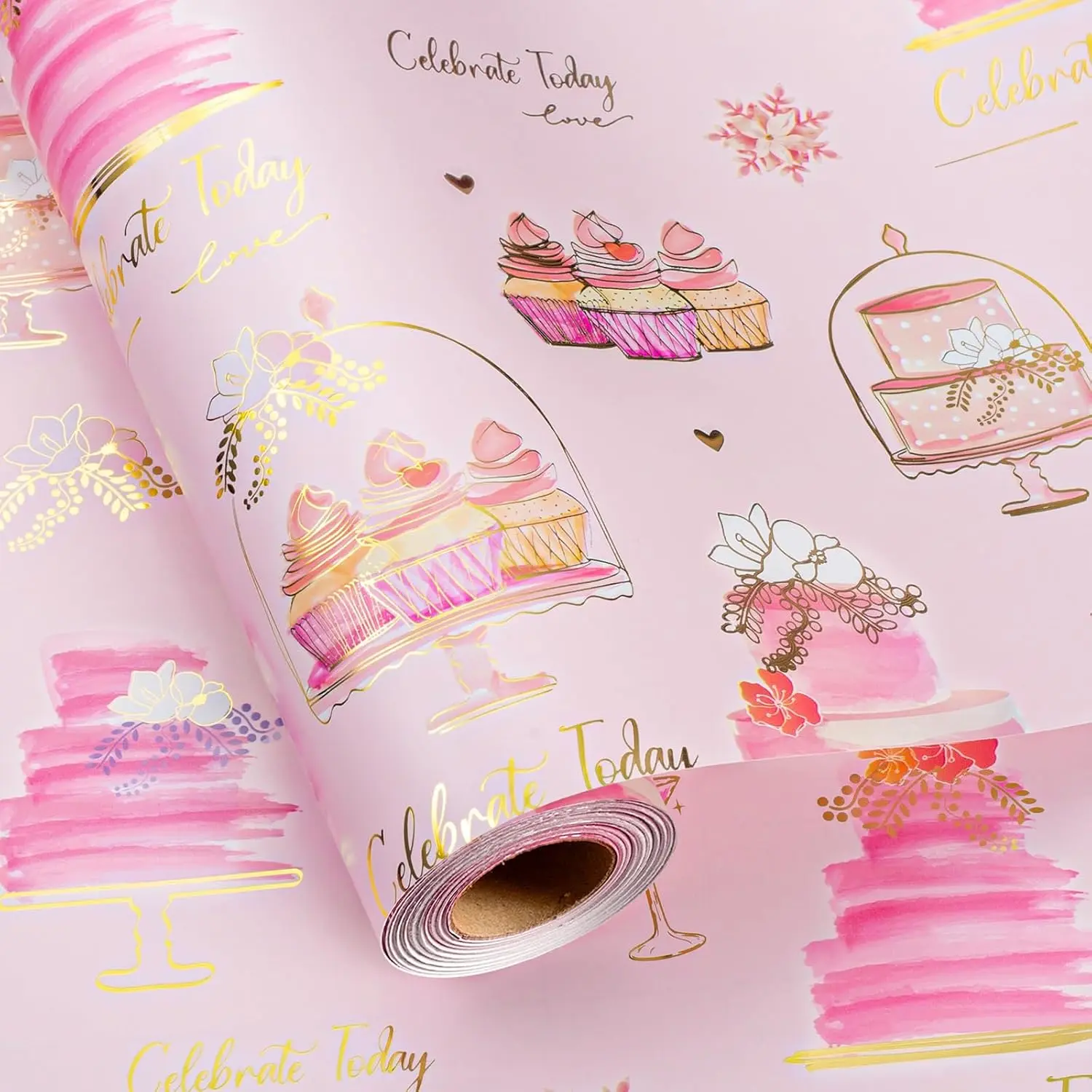 Wedding Wrapping Paper Roll - Foil Doodle Style  Wrap with Sweet Cake  - 17 In X 32.8 Ft(46.5 sqft) for Wedding, Bridal Shower, Valentines Day, Girls Birthday Party