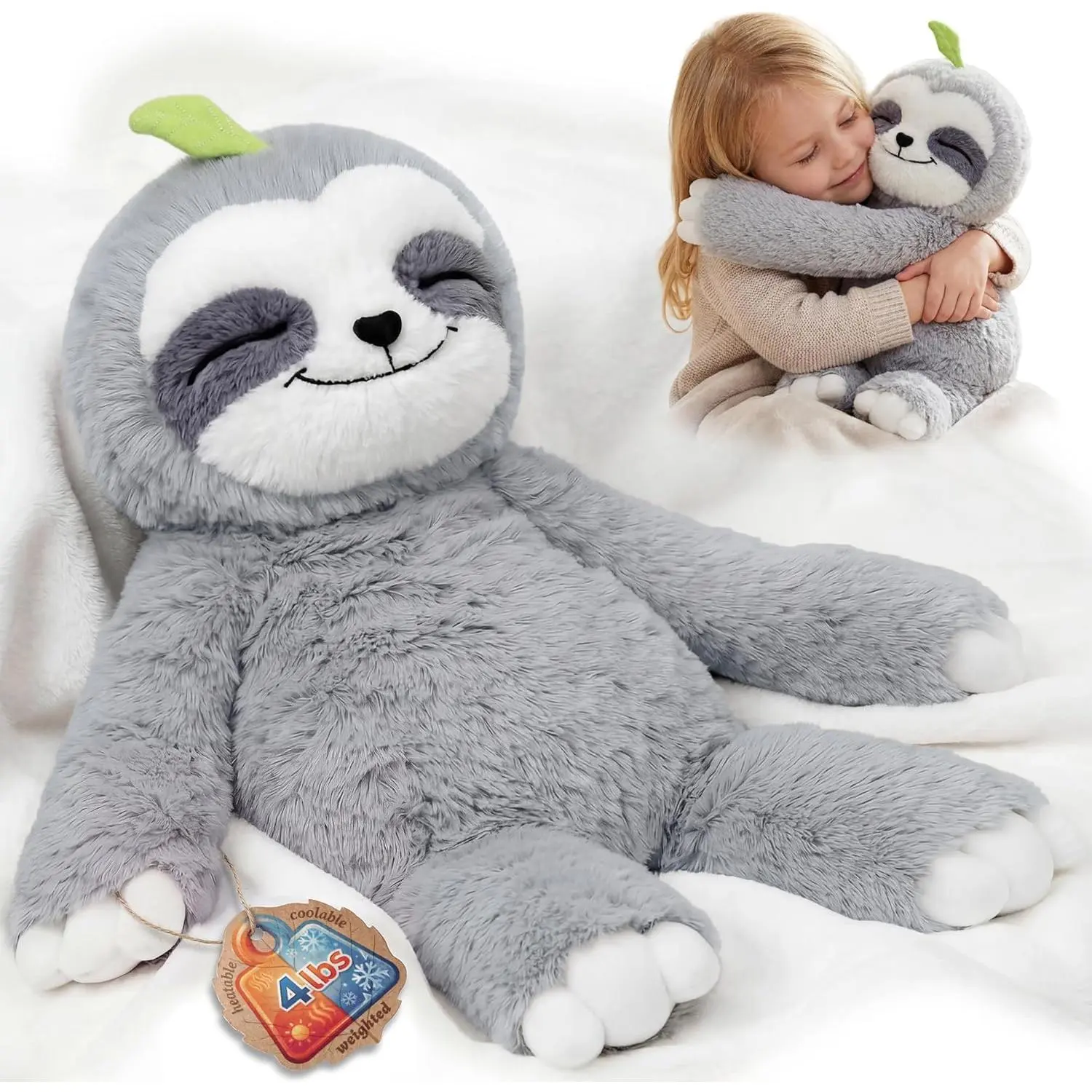 4 Lbs Weighted Stuffed Animals with Heating Pad- Heavy Belly & Limbs, 20" Sloth Heated Plush for a Realistic Hug, Super Soft Fluffy Plush Toy for Kids