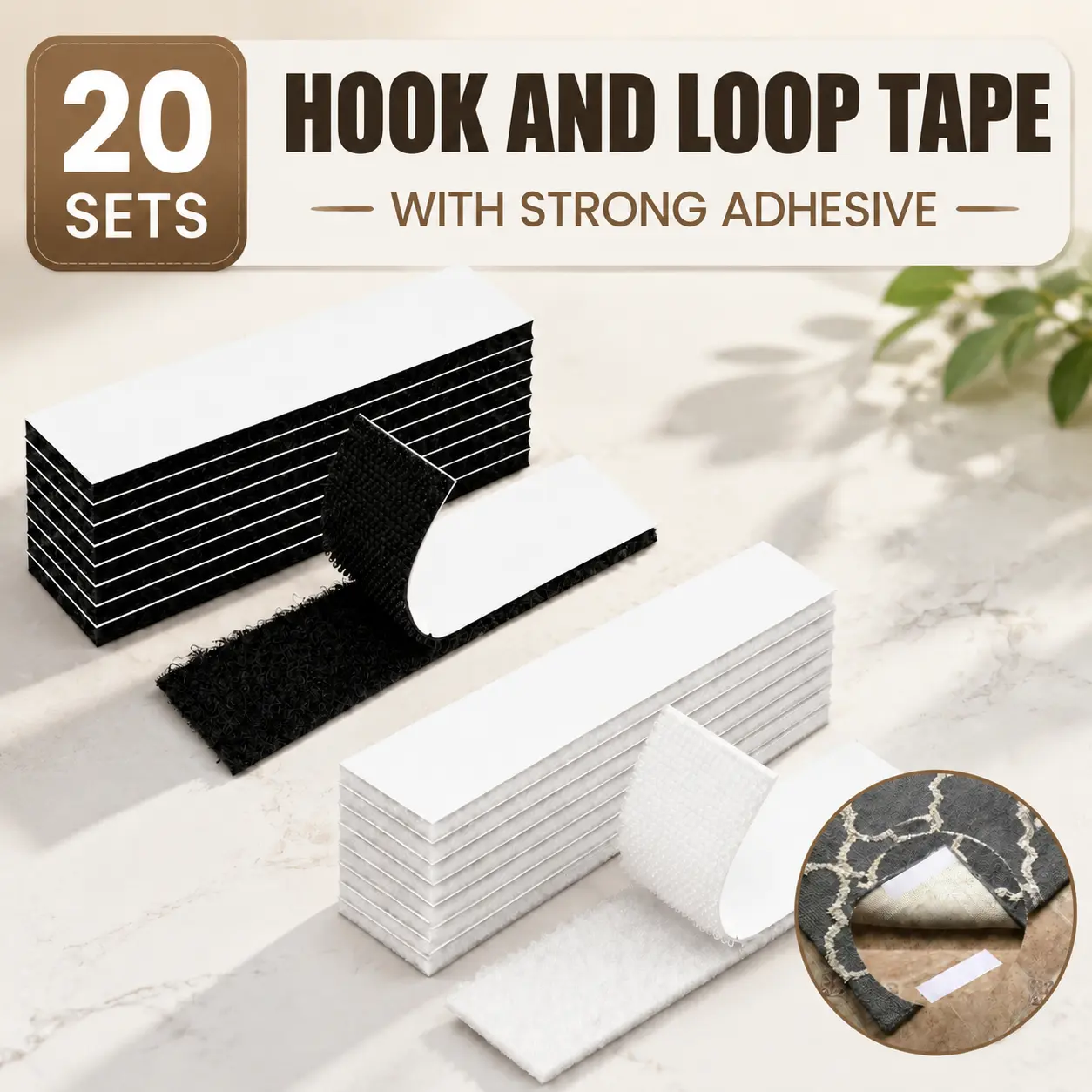 20 Pack Heavy Duty Hook and Loop Tape, 1x3 Inch Double Sided Strong Adhesive Mounting Strips, Reusable Interlocking Fastener Tape for Fabric, Carpet, Rugs, Posters, Home, Office, Classroom and DIY Projects