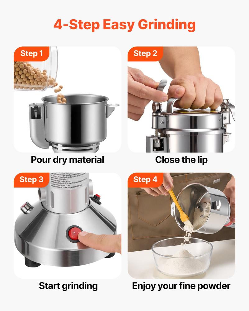 VEVOR Electric Grain Mill Grinder, 0.3 lbs Commercial Spice Grinders, High Speed 850W Stainless Steel Pulverizer Powder Machine, for Dry Grains, Spices, Cereals, Coffee, Corn & Pepper, Straight Type