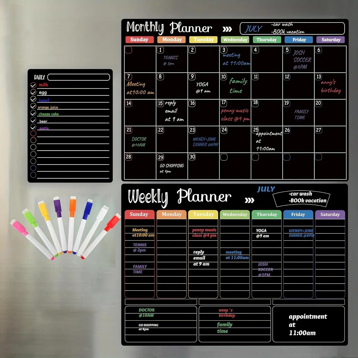 Magnetic Planner Board Set, 3 Counts Magnetic Monthly Weekly  Daily Planner Board with 8 Counts Markers, Refrigerator Planner Board for Home Office Dormitory Kitchen
