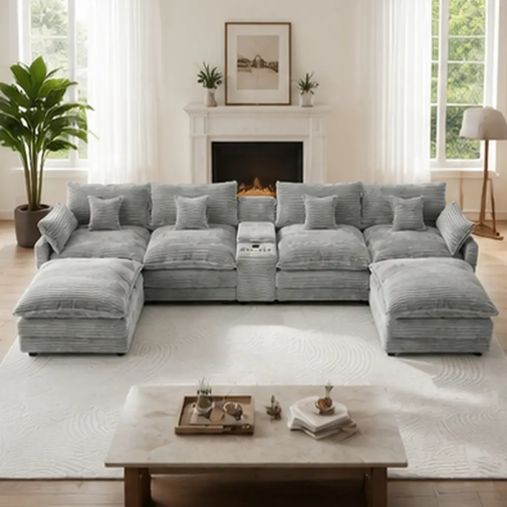 ARCH 145in U-Shaped Cloud-Like Couch Sectional, Oversized Light Grey Corduroy 6-Seat Modular Sofa Set with Central Console USB Ports, Cushion Back, Cushion Top Arms, Durable Wood Frame, Foam Fill, Luxury Living Room Indoor Furniture, Pillow Top