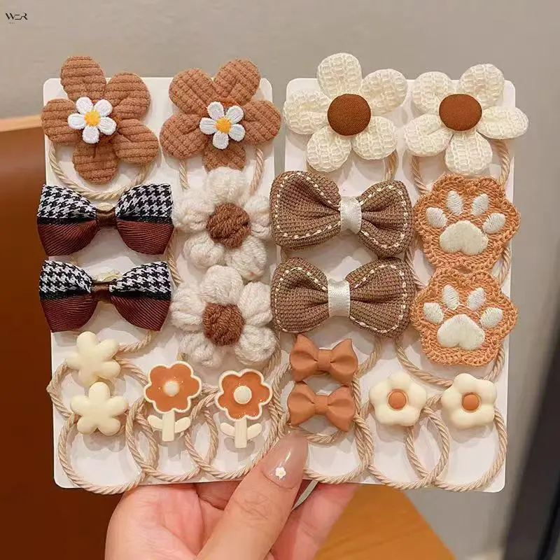 Vintage Coffee Brown Knit Hair Tie Multi-Style Sets, Neutral Beige Bow Flower Paw Heart Strawberry Elastic Ponytail Scrunchies, 6 Optional Cartoon Toddler Girls Hair Rubber Bands, Gentle Fall Daily Kids Hair Accessory Pack